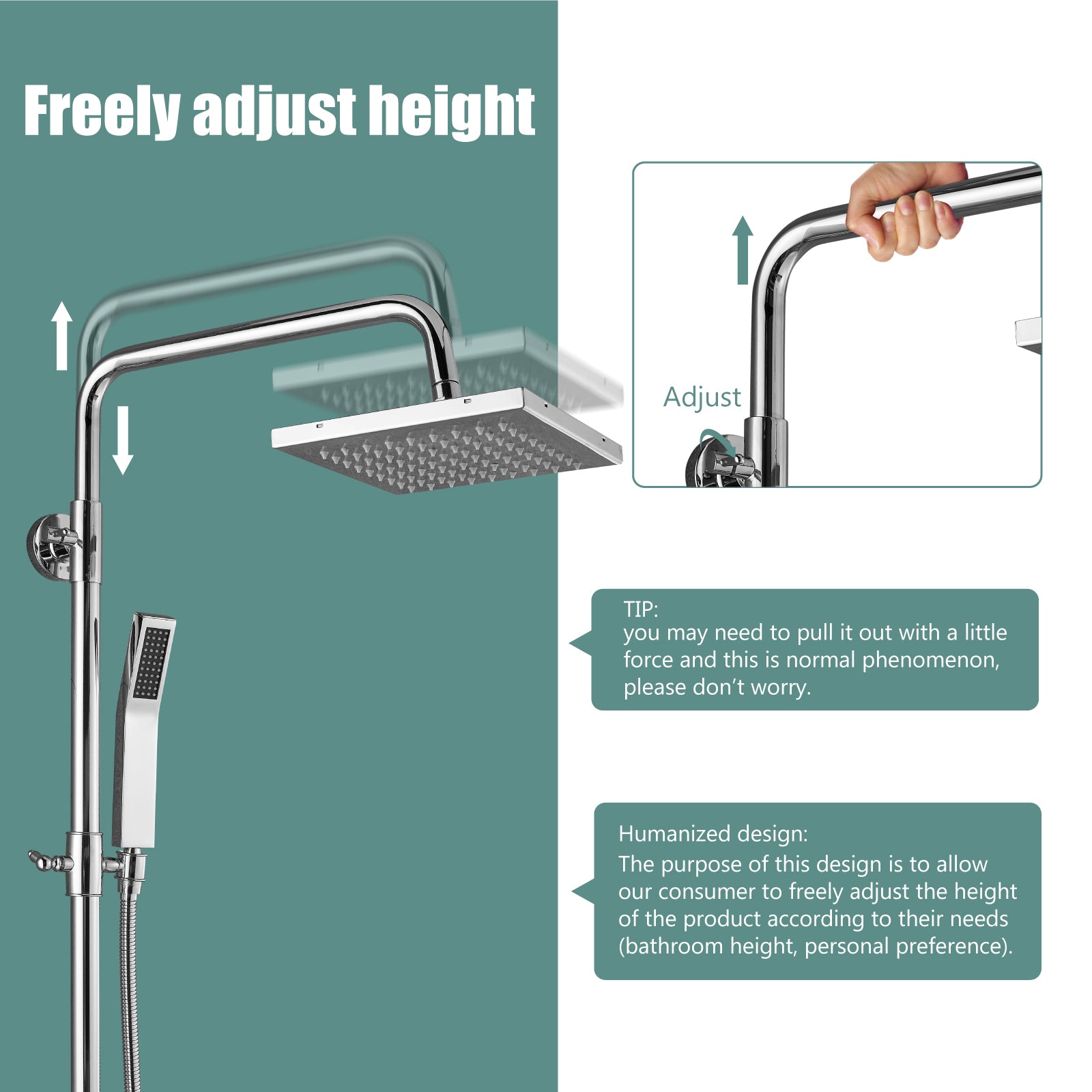Exposed Shower System Dual Function Bathroom Shower Faucet 8 Inch Square Swivel Rainfall Shower Head with Handheld Adjustable Complete Set Wall Mount