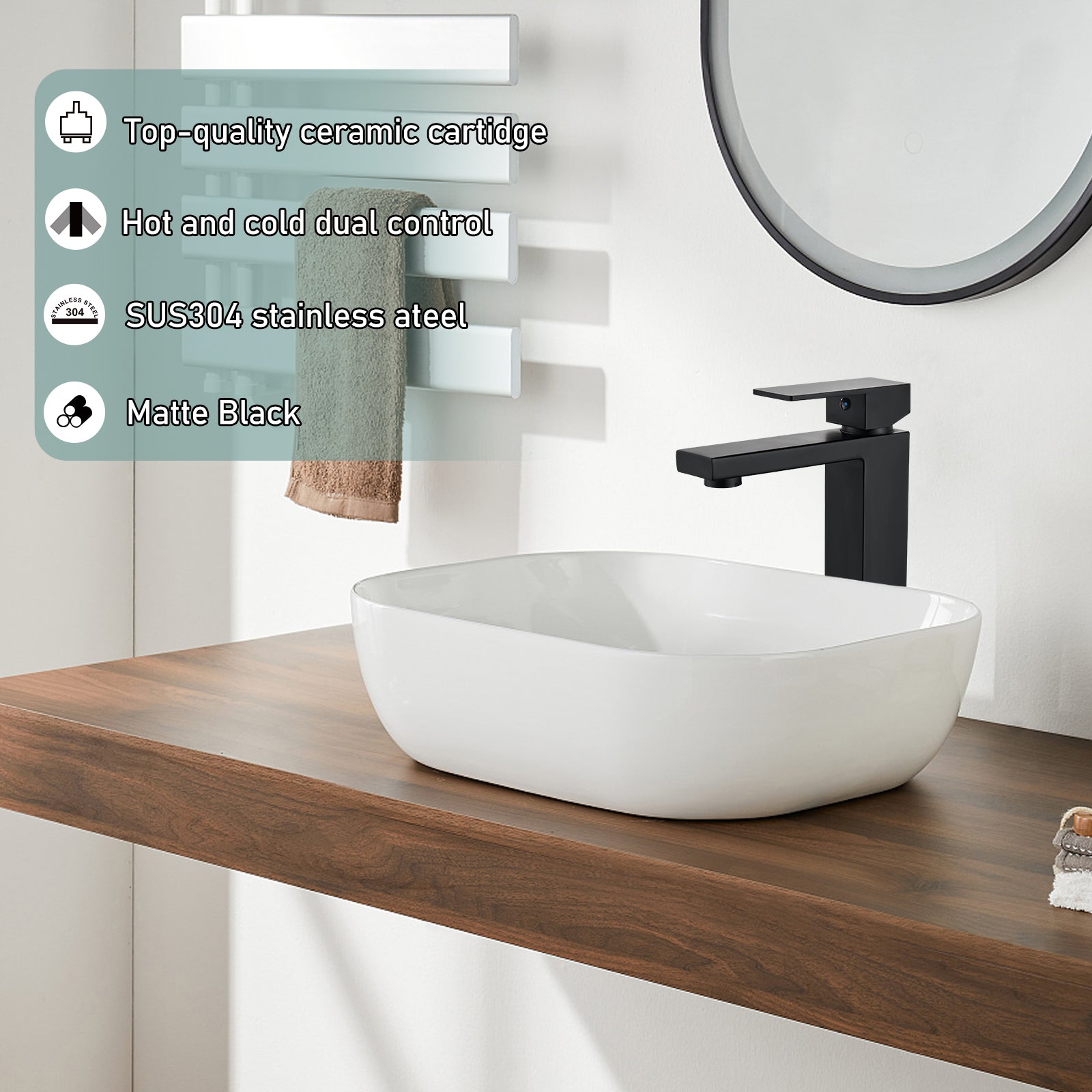 Black Bathroom Vessel Sink Faucet Single Handle Basin Bowl Tap SUS304 Stainless Steel Tall Body 1 Hole Lavatory Vanity Mixer Bar Tap Tall Spout Deck Mount