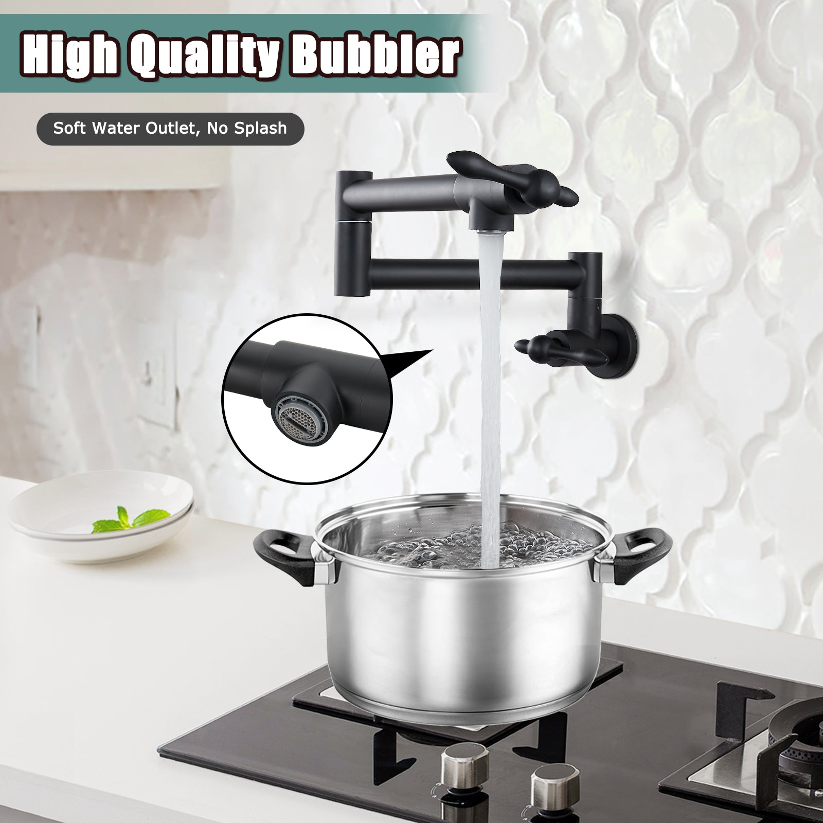 Heyalan Stainless Steel SUS304 19" Pot Filler Faucet Double Joint Spout Stretchable Swing Arm with Single Hole Two Handles Wall Mounted Commercial Kitchen Sink Faucet