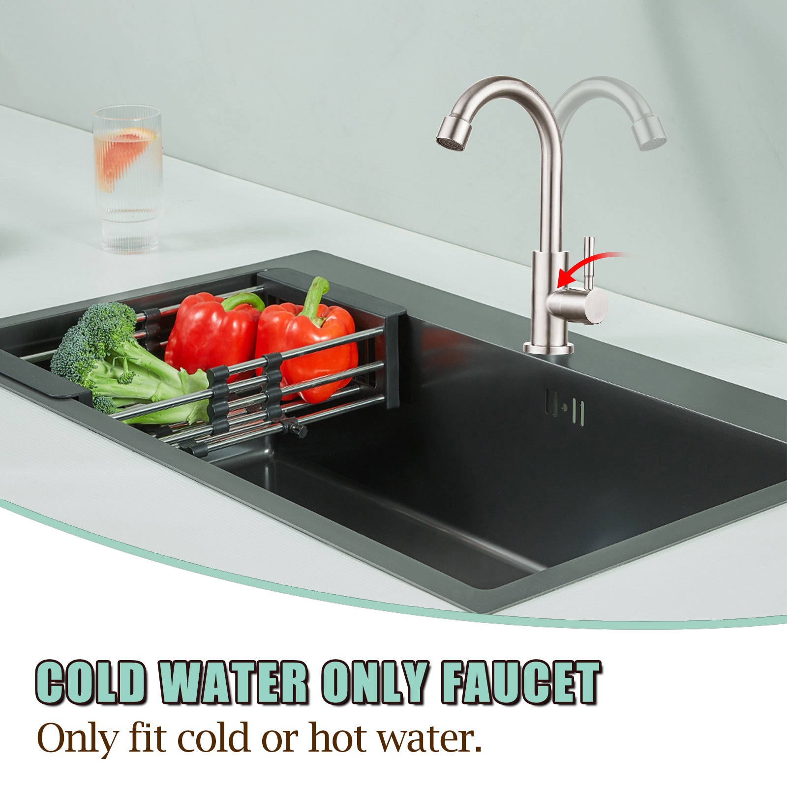 Cold Water Only Kitchen Faucet Single Handle 1 Hole Deck Mount 360 Degree Swivel Spout High Arc SUS304 Stainless Steel Sink Bar Tap Goose Neck with Hose(Drain Not Included)
