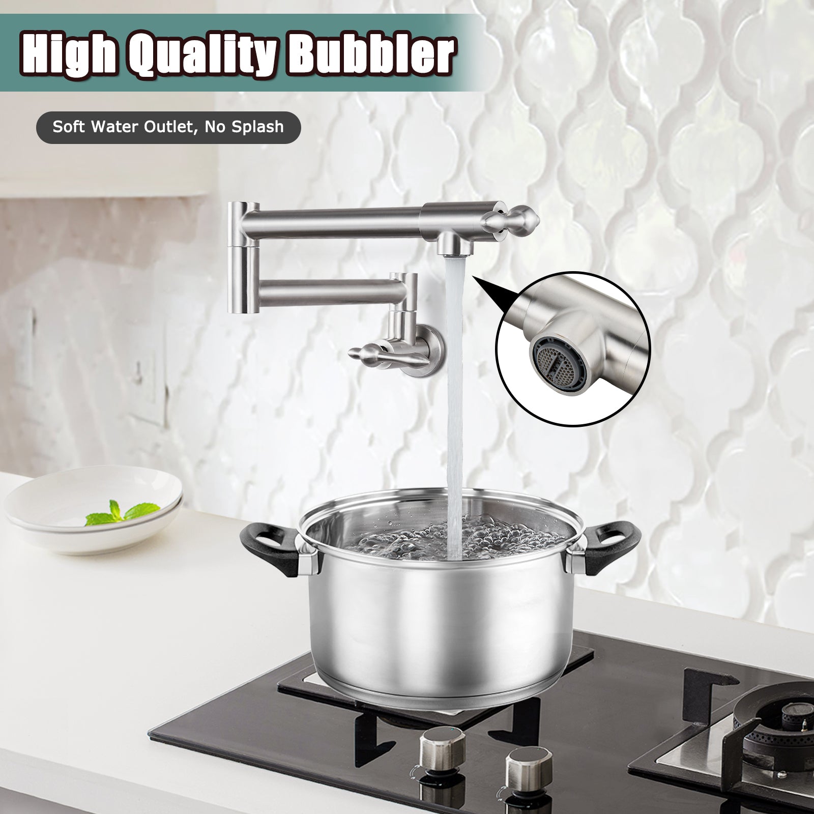Heyalan Stainless Steel SUS304 19" Pot Filler Faucet Double Joint Spout Stretchable Swing Arm with Single Hole Two Handles Wall Mounted Commercial Kitchen Sink Faucet