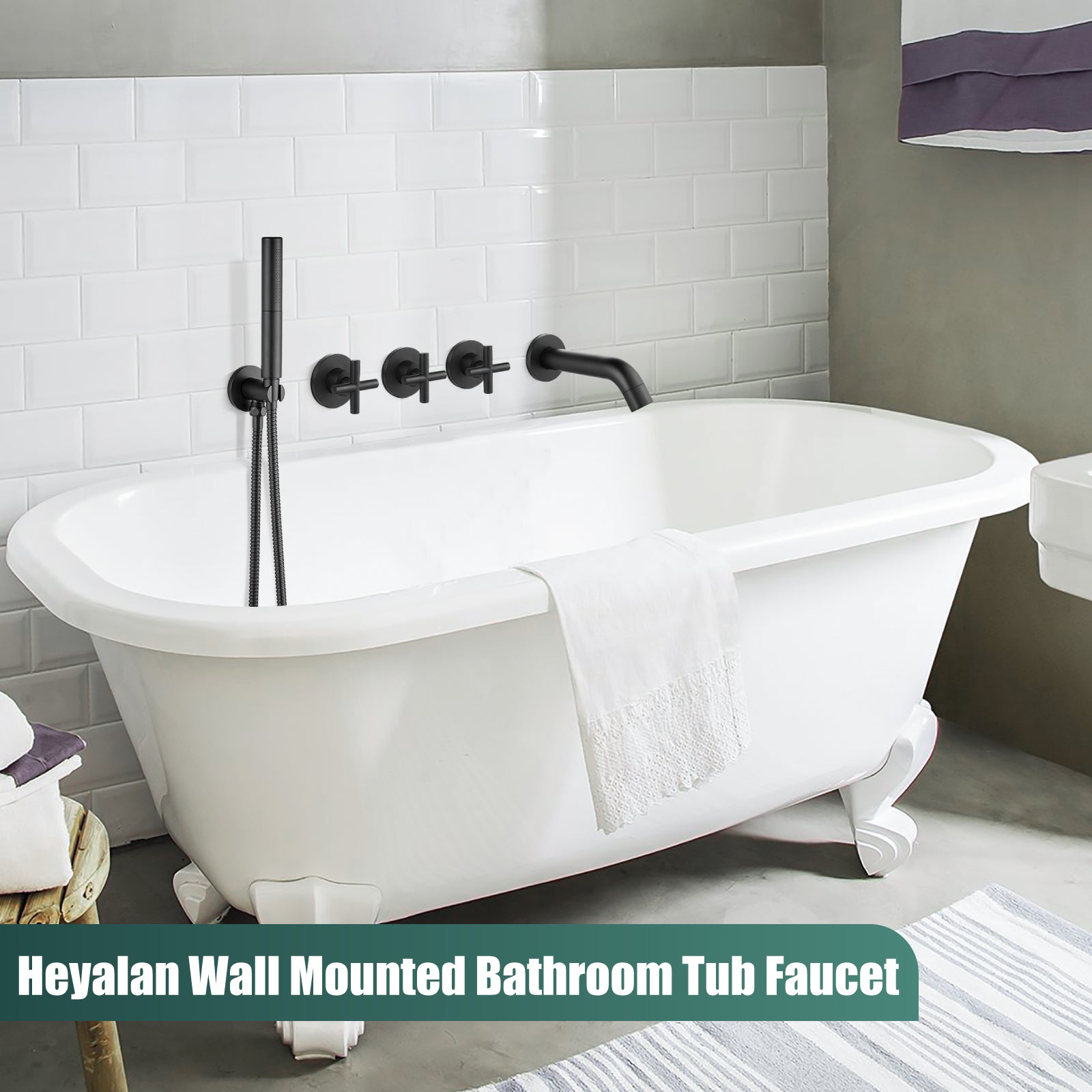 Heyalan Wall Mounted Bathroom Tub Filler Faucet with Handheld Shower Head High Flow Bathtub Spout with 3 Knobs Shower Trim kit Hand Held Sprayer 2 Function Roman Bath Fixtures