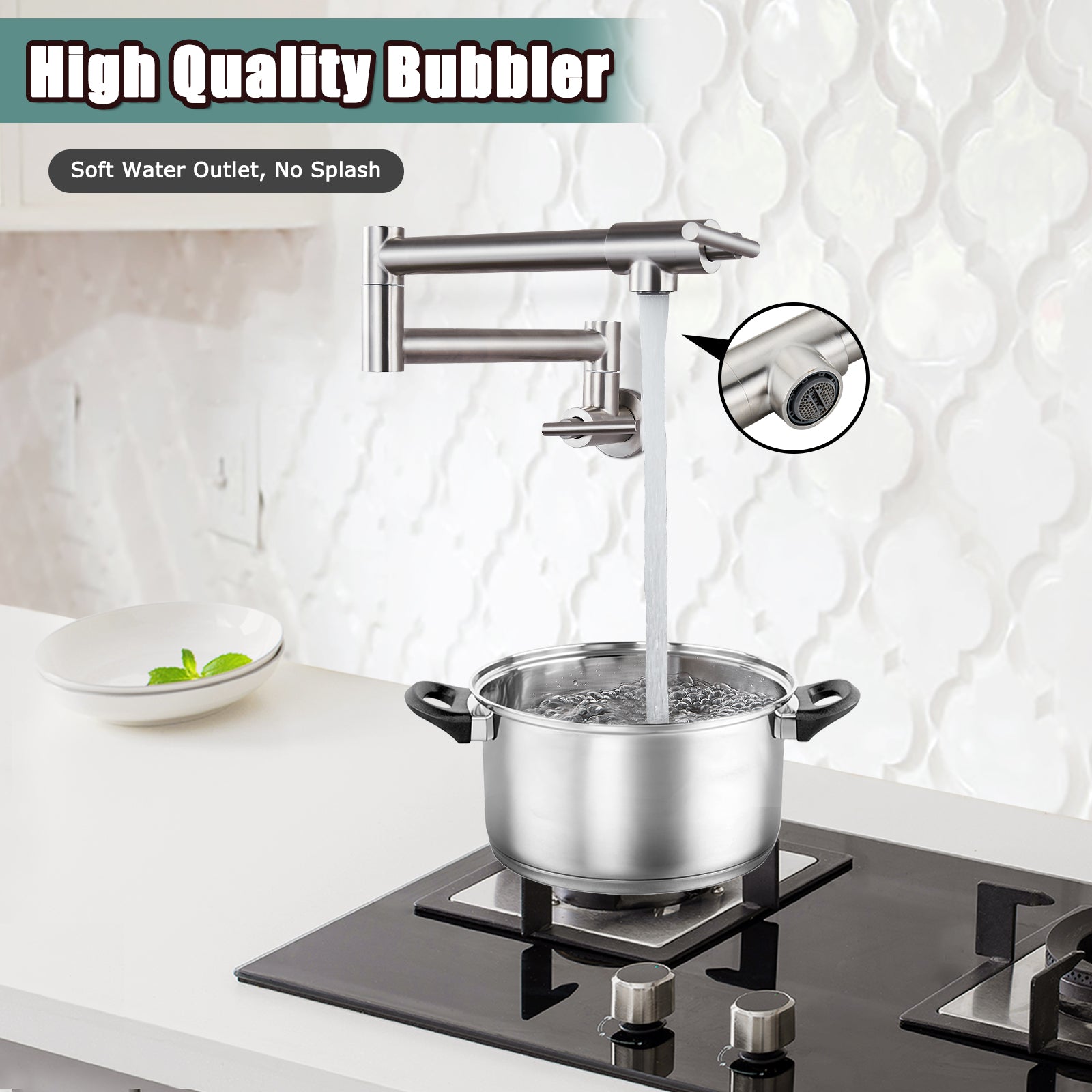 Heyalan 19" Stainless Steel SUS304 Pot Filler Faucet Wall Mounted Double Joint Swing Folding Arms with Two Handles Single Hole Commercial Kitchen Sink Faucet to Control Water Stovetop