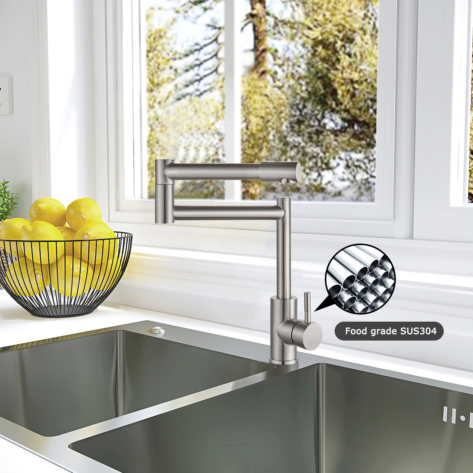 Heyalan  Pot Filler Faucet Deck Mounted Single Handle Double Joints Free Rotating Modern Deck Mounted Countertop Retractable Commercial Kitchen Sink Faucet Stainless Steel