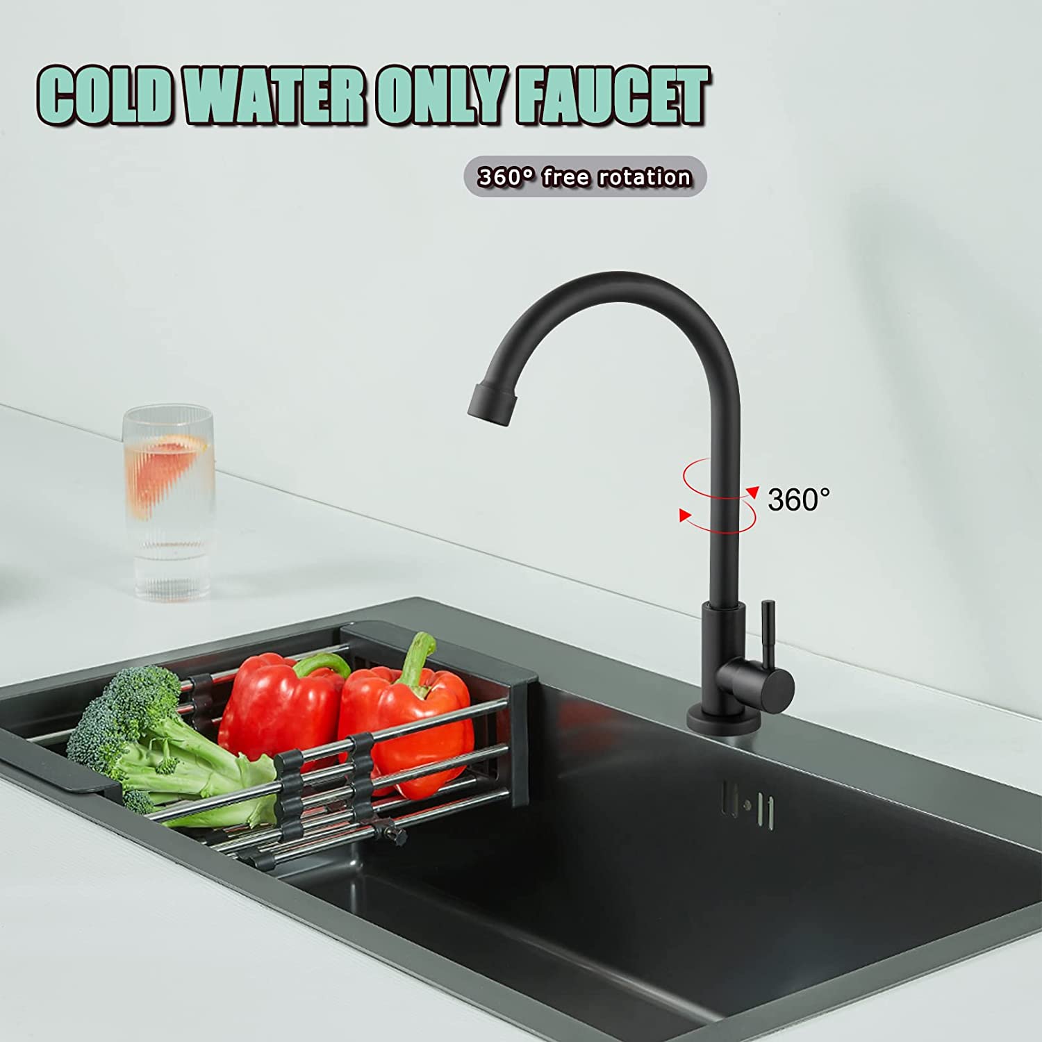 Kitchen Faucet Cold Water Only 1 Hole Single Handle 360 Degree Swivel Spout Deck Mount High Arc SUS304 Sink Bar Tap Goose Neck with Hose and Longer Thread Pipe