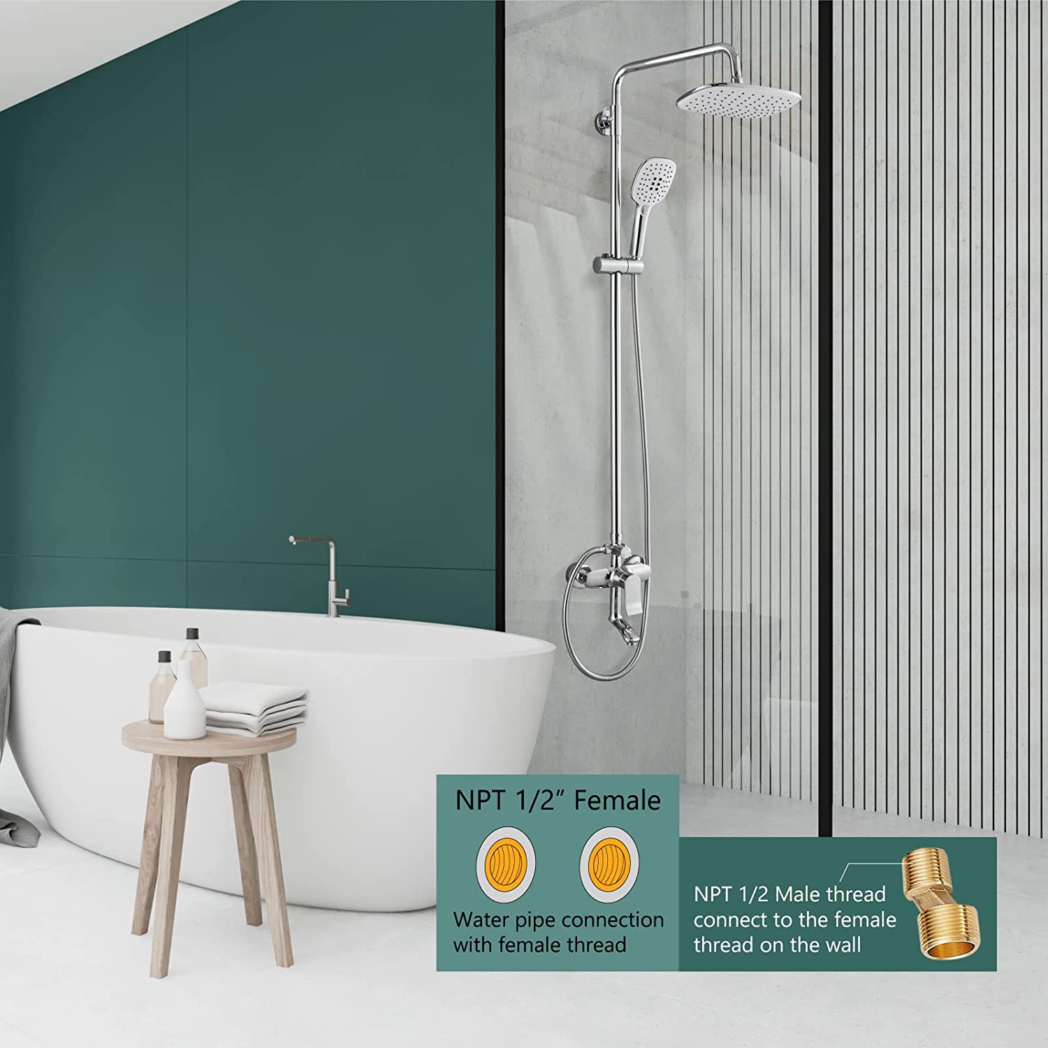 Exposed Shower System Polish Chrome 3 Functional Bathroom Shower Set 9 Inch Rainfall Shower Head with Handheld Sprayer Complete Set Adjustable Hand Spray Tub Spout Wall Mount