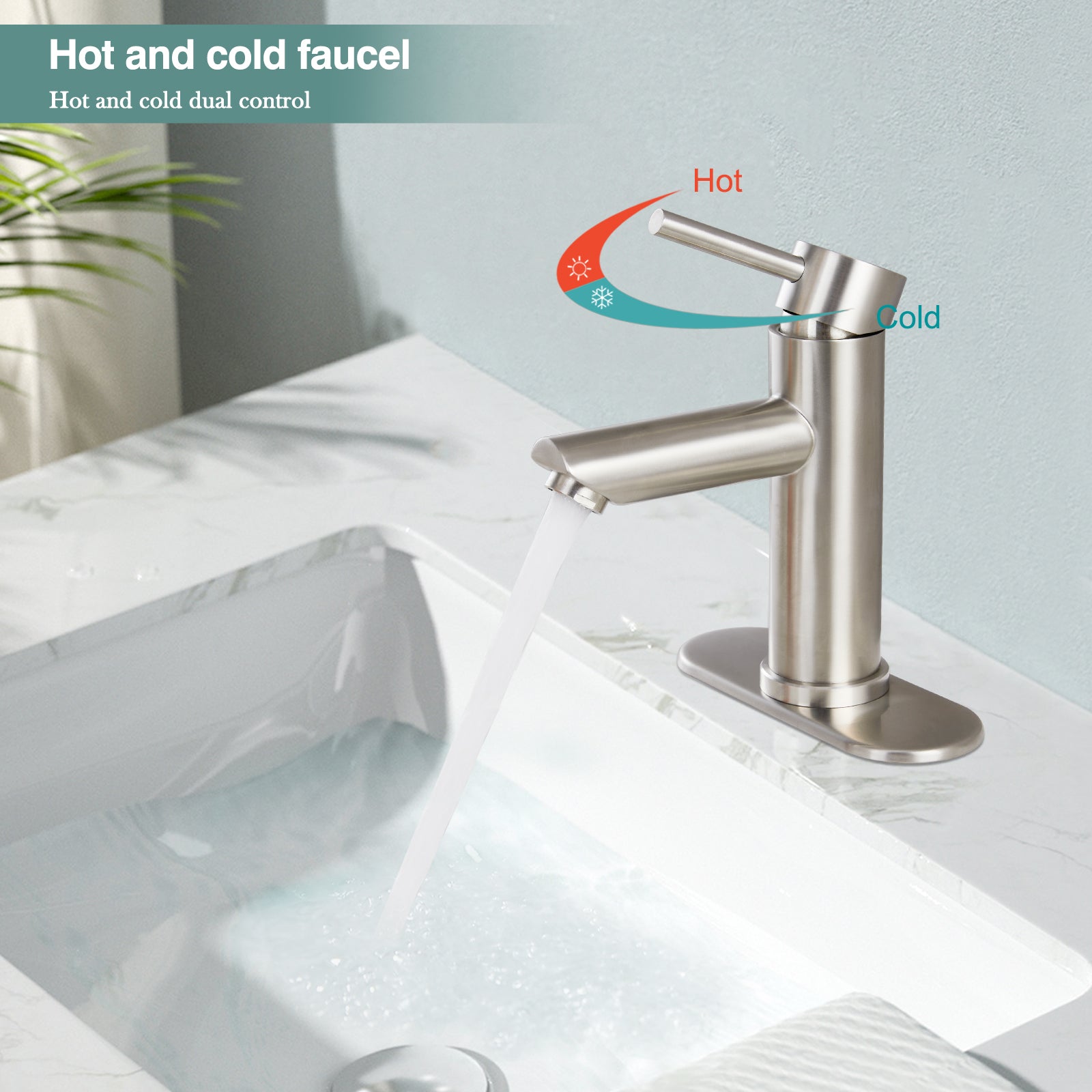Heyalan Bathroom Sink Faucet Stainless Steel SUS304 Brushed Nickel Single Handle 1 Hole Hot and Cold Water Deck Mount Lavatory Faucet Kitchen Tap with Pop Up Drain