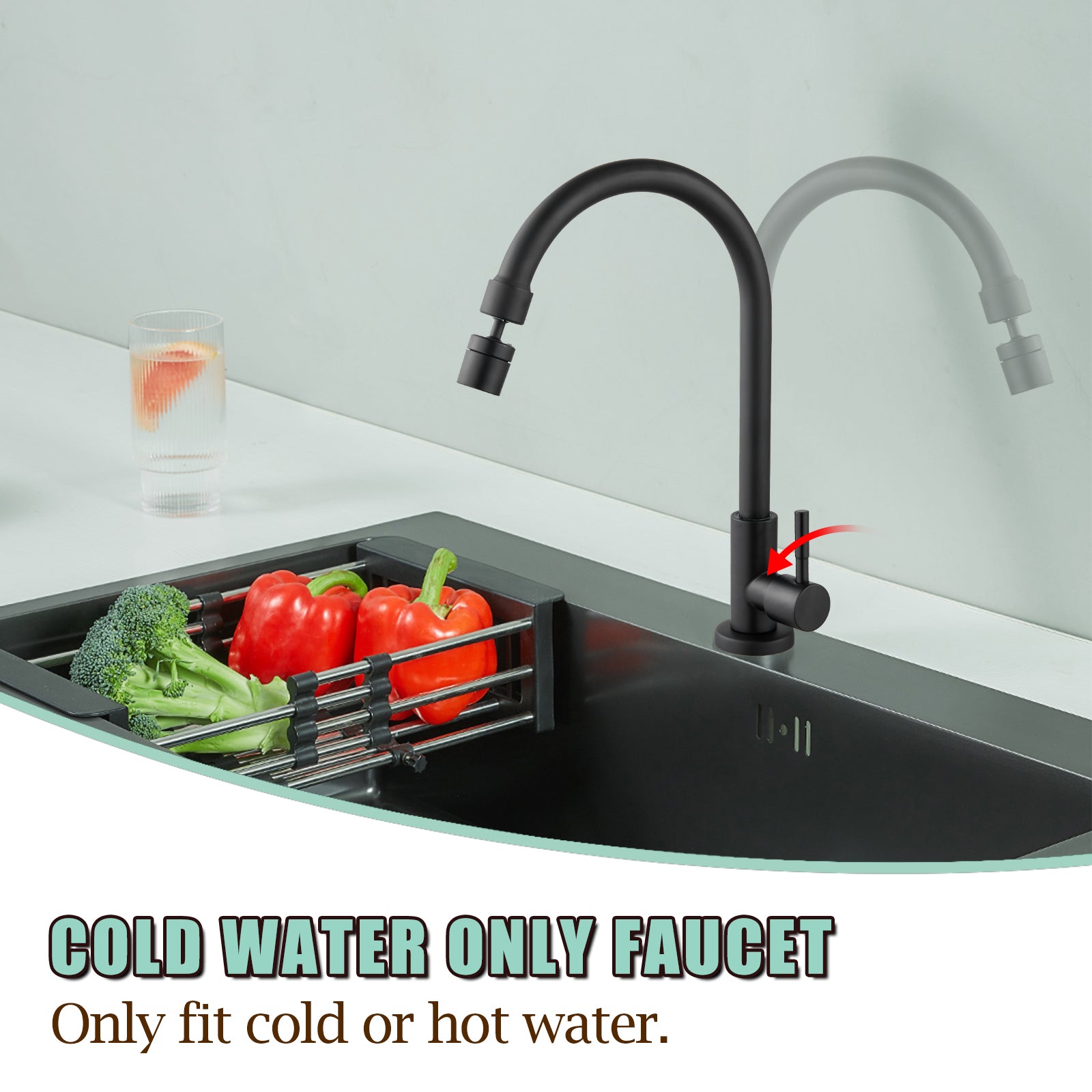 Heyalan Cold Water Only Kitchen Faucet 360 Degree Swivel Spout Matte Black High Arc Sink Tap Brass Faucet Goose Neck