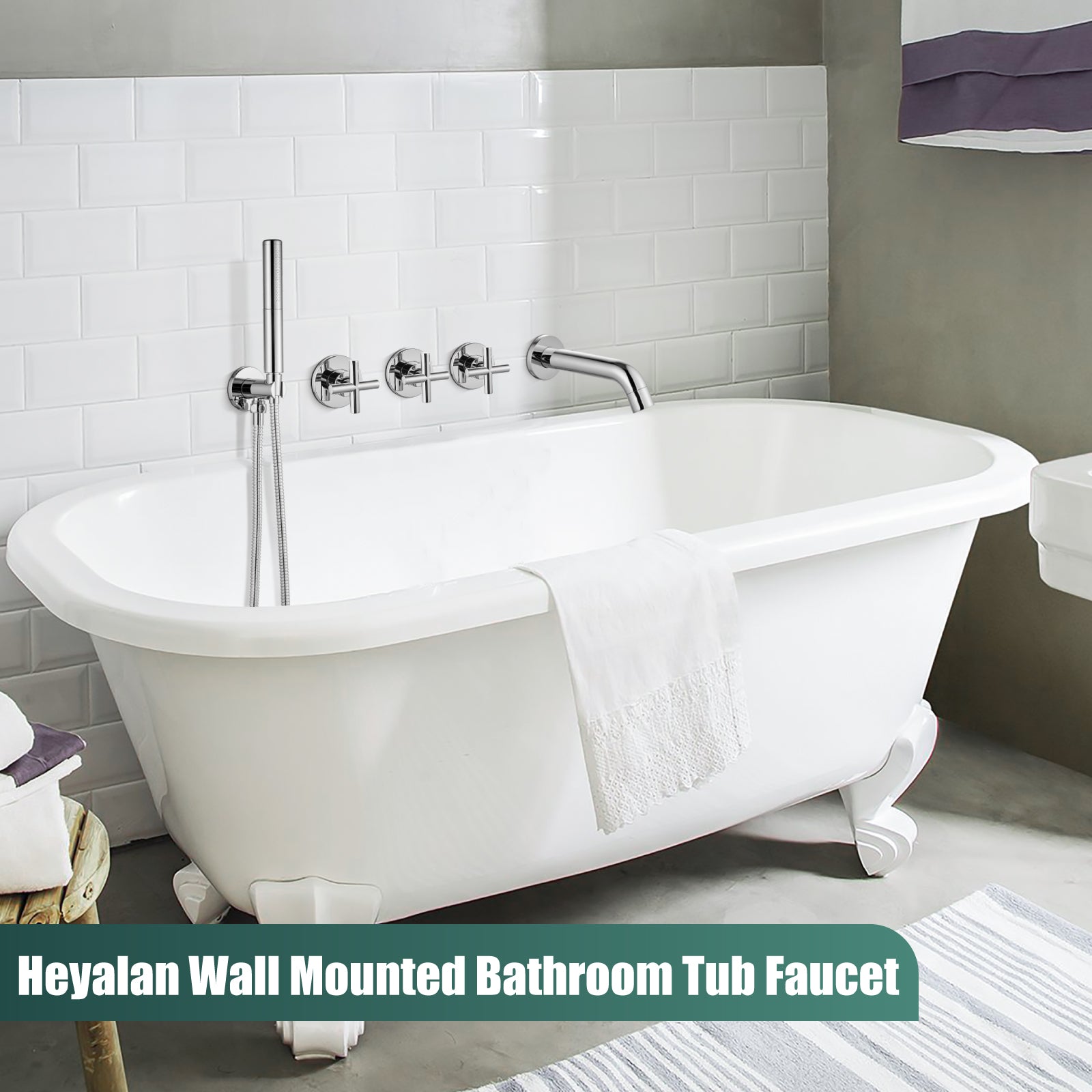 Heyalan Wall Mounted Bathroom Tub Filler Faucet with Handheld Shower Head High Flow Bathtub Spout with 3 Knobs Shower Trim kit Hand Held Sprayer 2 Function Roman Bath Fixtures