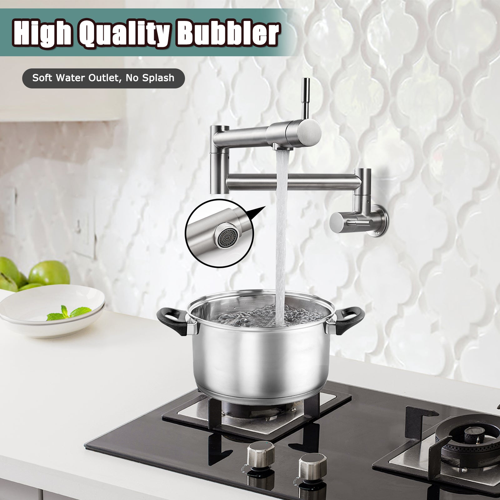 Heyalan Pot Filler 19 Inch Wall Mount Folding Stretchable Kitchen Restaurant Sink Faucet Stainless Steel Potfiller with Double Joint Swing Arm Single Hole Two Handles Commercial NPT