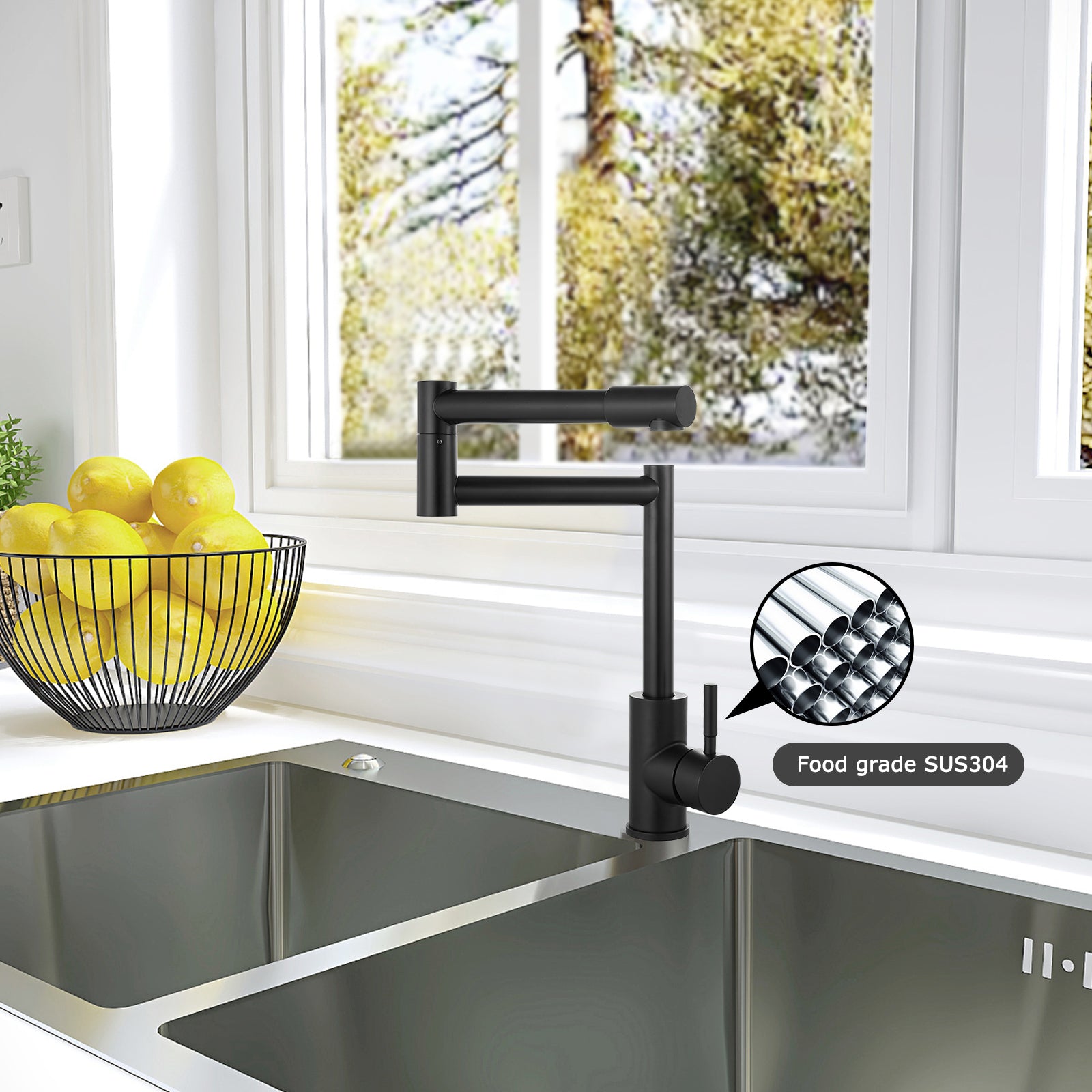 Heyalan  Pot Filler Faucet Deck Mounted Single Handle Double Joints Free Rotating Modern Deck Mounted Countertop Retractable Commercial Kitchen Sink Faucet Stainless Steel