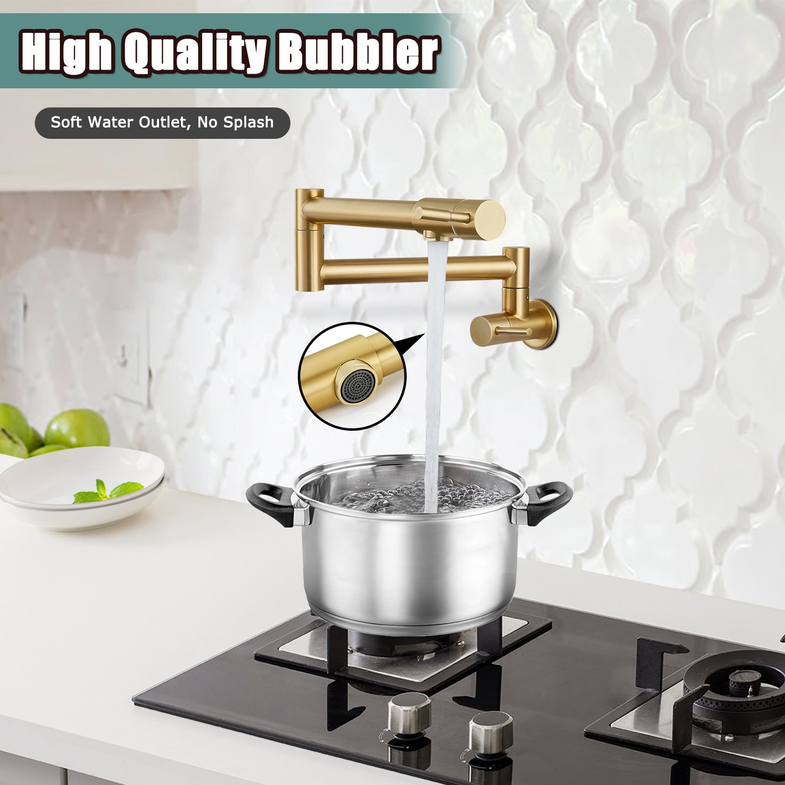 Heyalan Pot Filler 19 Inch Wall Mount Folding Stretchable Kitchen Restaurant Sink Faucet Stainless Steel Potfiller with Double Joint Swing Arm Single Hole Two Handles Commercial NPT