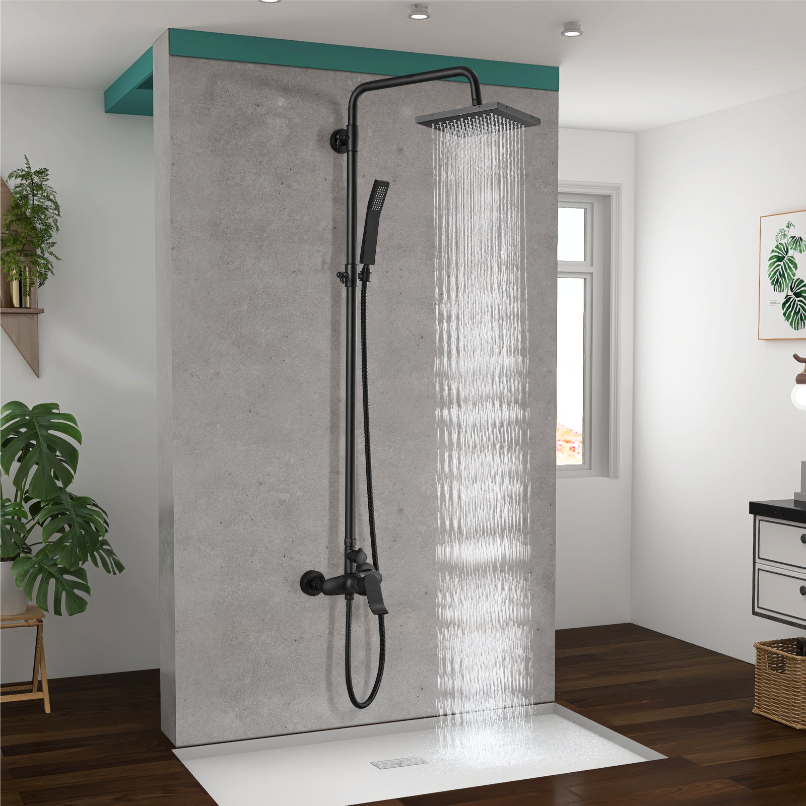 Exposed Shower System Dual Function Bathroom Shower Faucet 8 Inch Square Swivel Rainfall Shower Head with Handheld Adjustable Complete Set Wall Mount