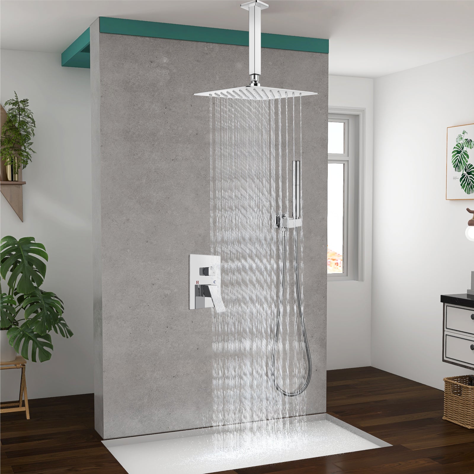 Heyalan Shower Faucet Set Ceiling Mount Square Showerhead Bathroom Rainfall Shower System SUS304 Stainless Steel Shower Trim Kit 2 in 1 Handheld shower with Rough-in Valve