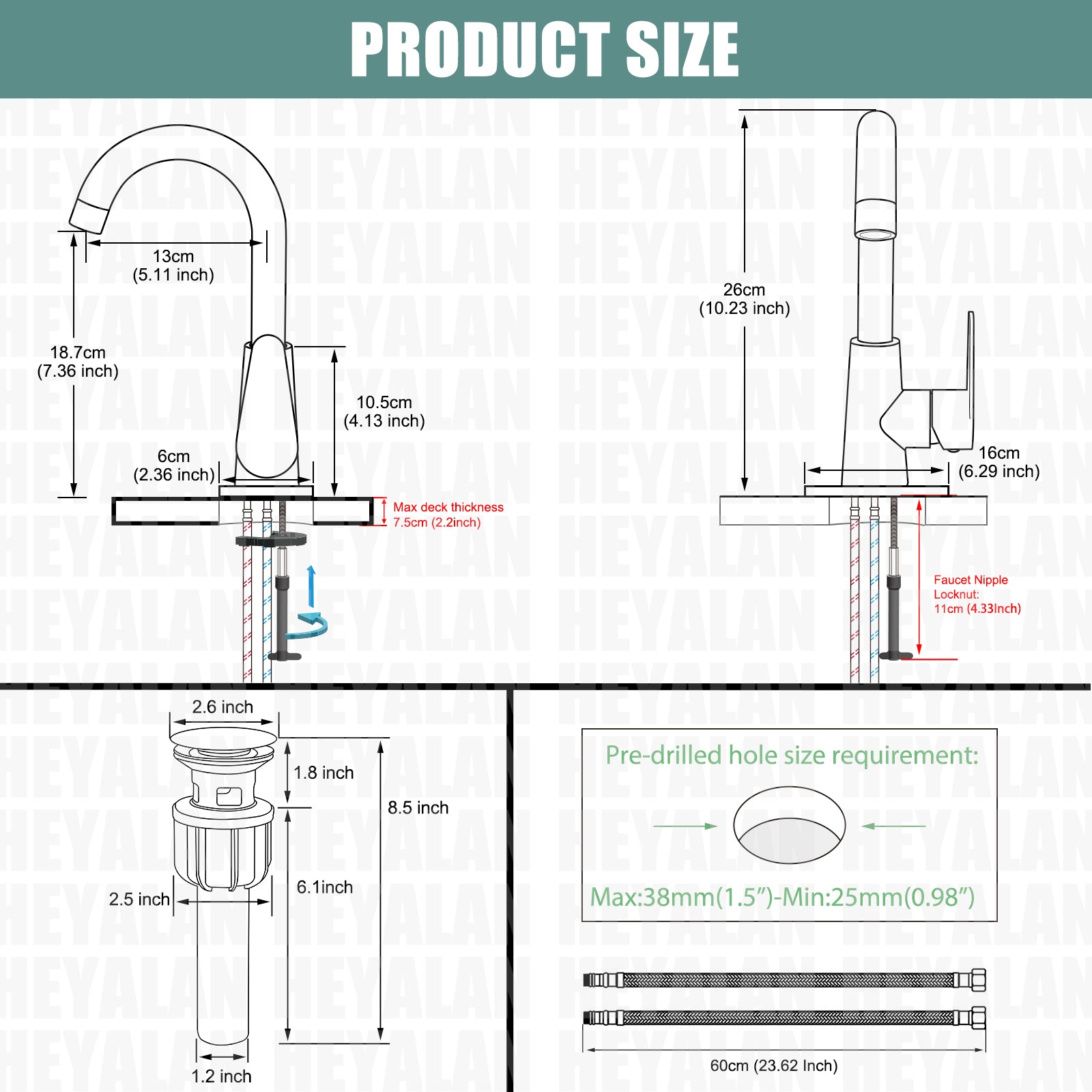 Heyalan Bathroom Sink Faucet Brushed Nickel Cold and Hot Water Single Hole Kitchen Bar Tap 360 Degree Swivel Spout Deck Mount Arc SUS304 Stainless Steel Gooseneck with Deck Plate and Drain