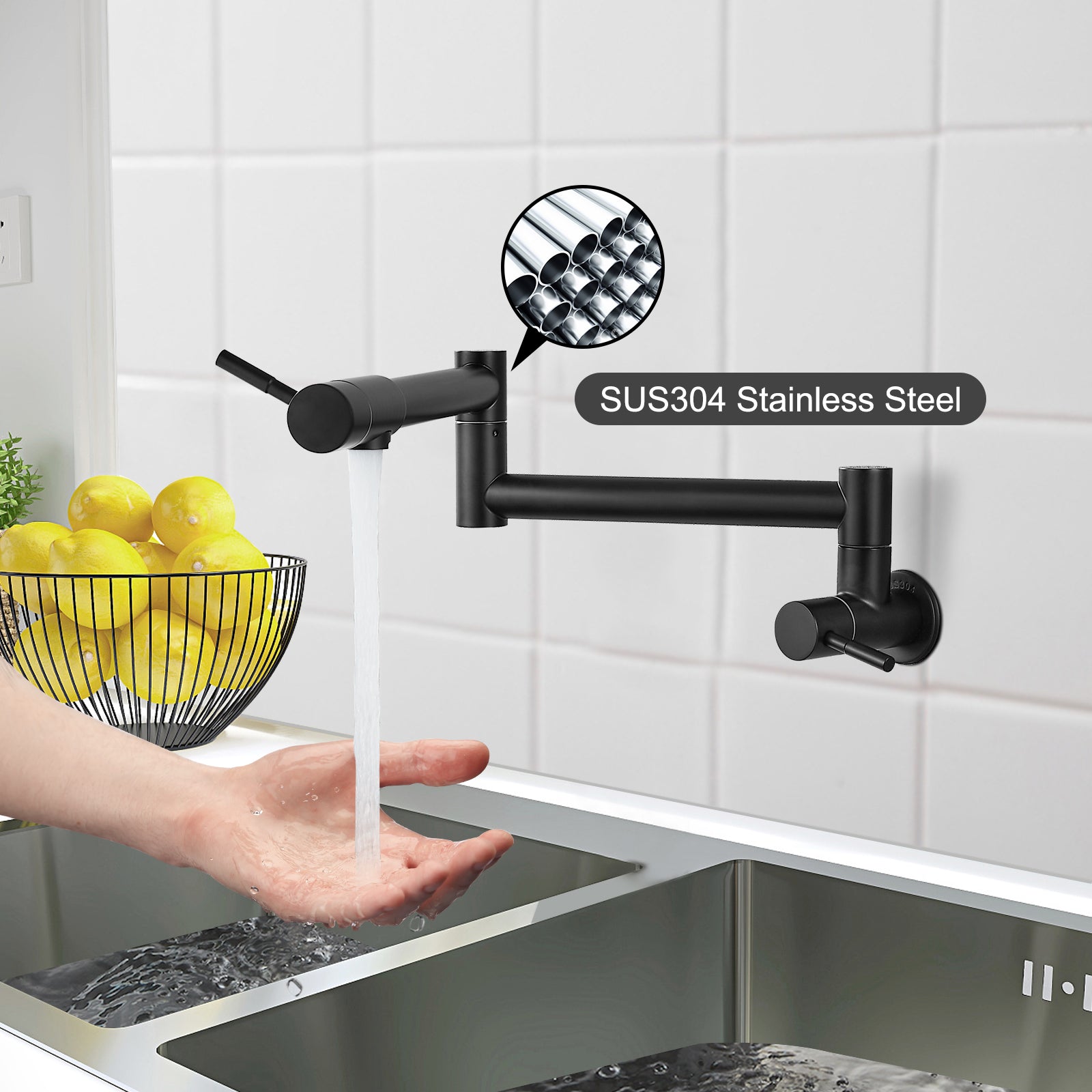 Heyalan Pot Filler 19 Inch Wall Mount Folding Stretchable Kitchen Restaurant Sink Faucet Stainless Steel Potfiller with Double Joint Swing Arm Single Hole Two Handles Commercial NPT