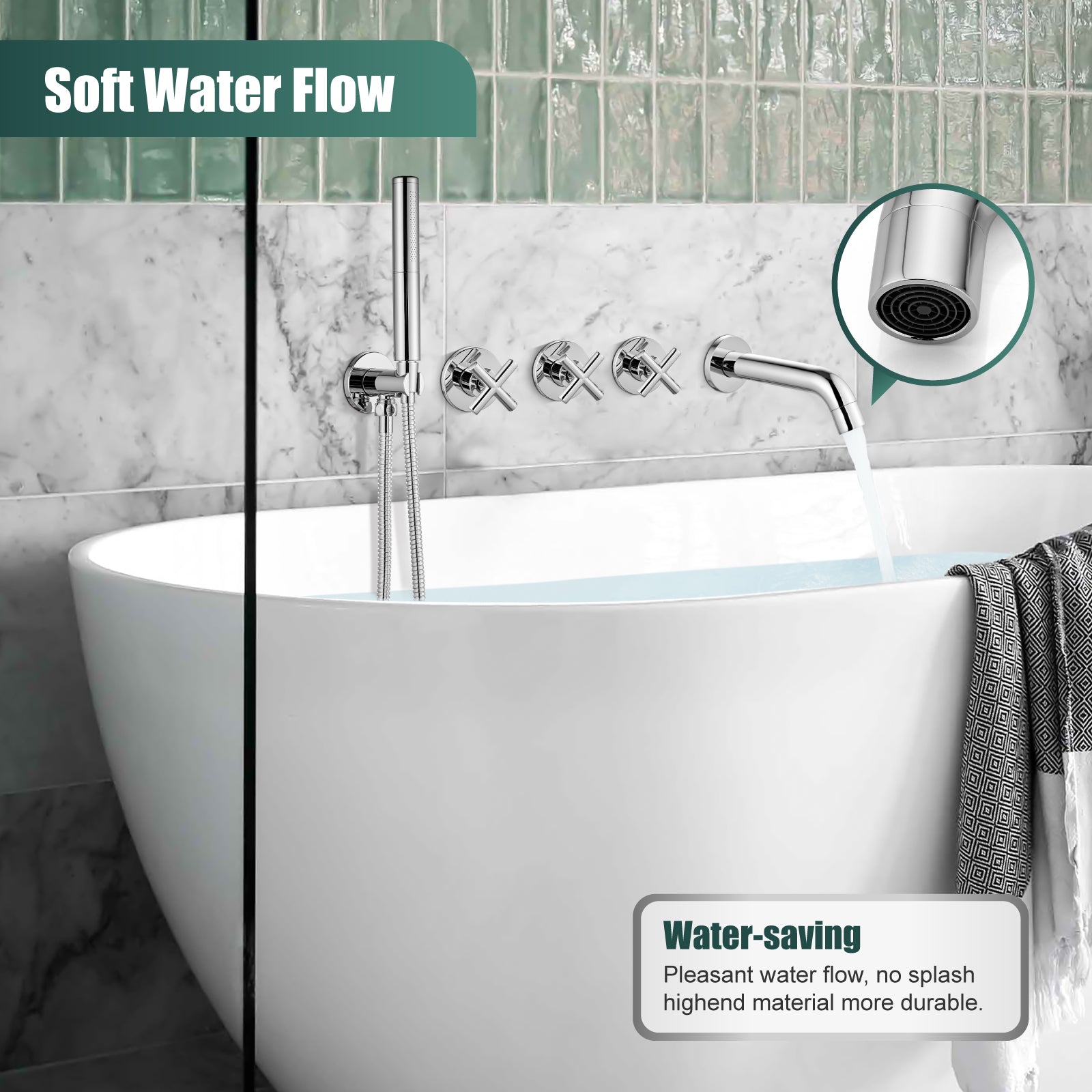 Heyalan Wall Mounted Bathroom Tub Filler Faucet with Handheld Shower Head High Flow Bathtub Spout with 3 Knobs Shower Trim kit Hand Held Sprayer 2 Function Roman Bath Fixtures