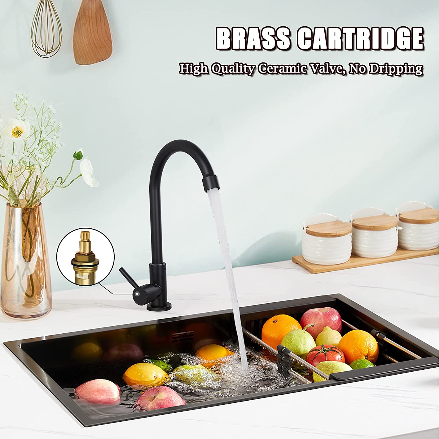 Kitchen Faucet Cold Water Only 1 Hole Single Handle 360 Degree Swivel Spout Deck Mount High Arc SUS304 Sink Bar Tap Goose Neck with Hose and Longer Thread Pipe