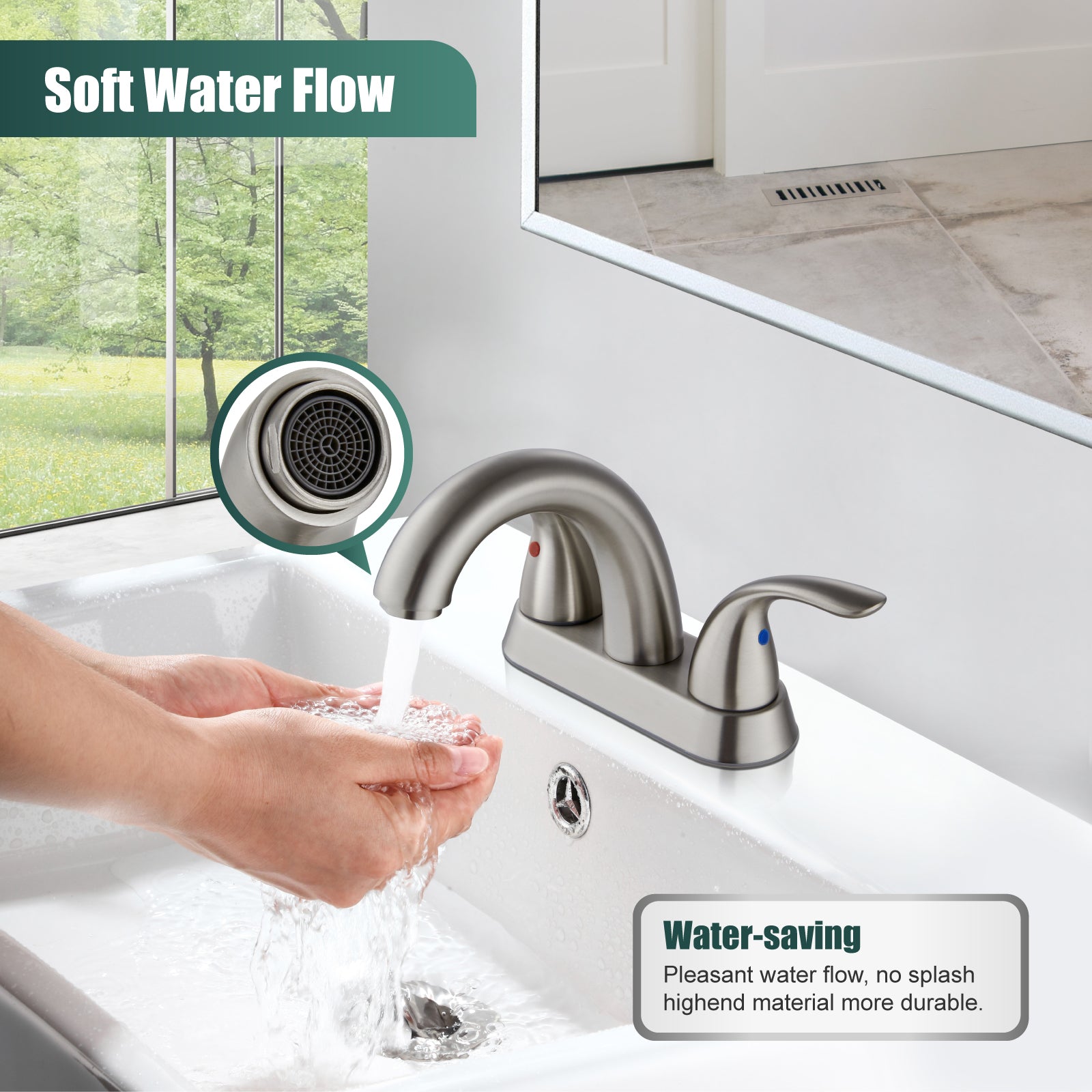Heyalan Swivel Spout 2 Handle Lever Lavatory Bathroom Vessel Sink Faucet 4-Inch Centerset Deck Mount Mixer Tap with Pop-up Drain Stainless Steel