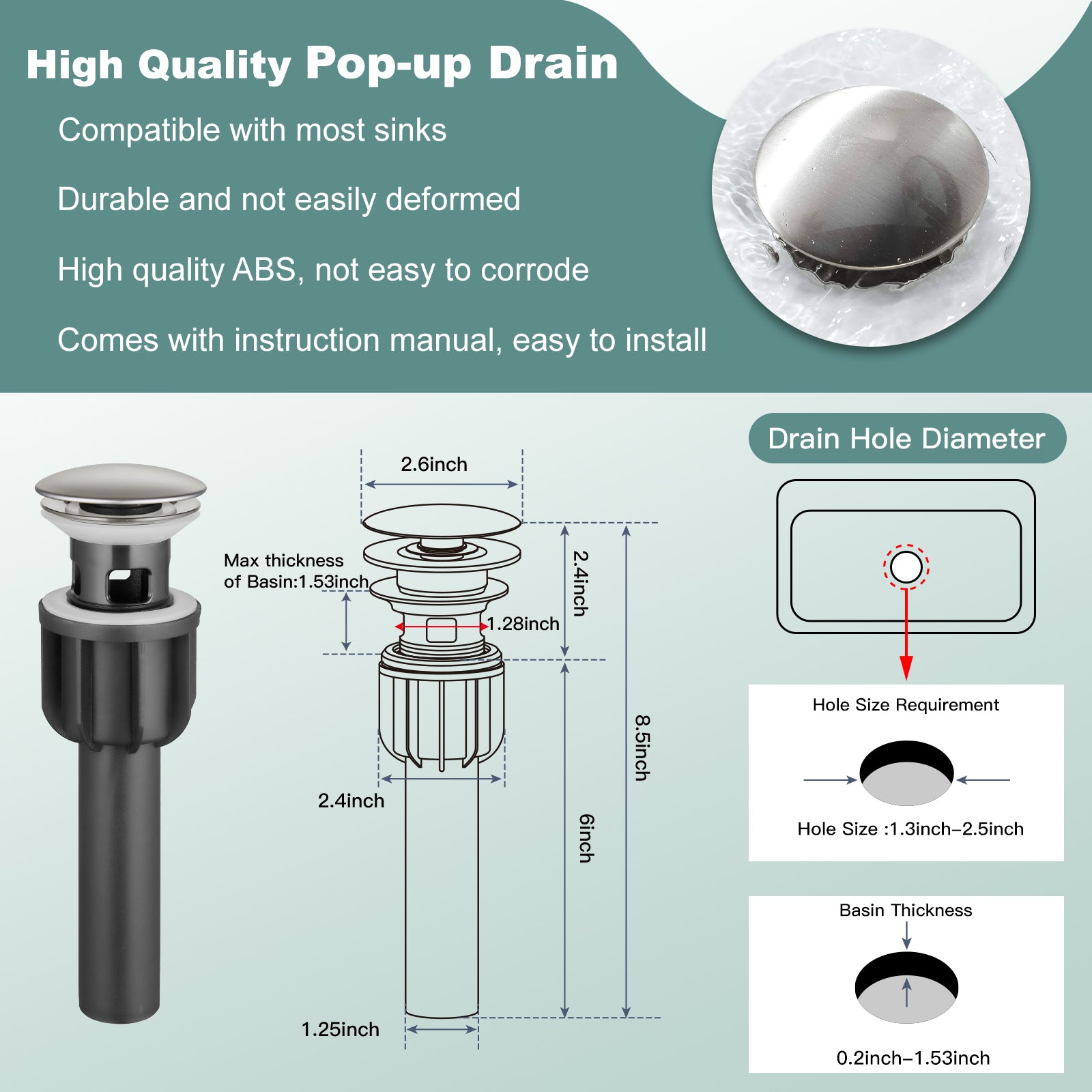 Heyalan Bathroom Sink Faucet Stainless Steel SUS304 Brushed Nickel Single Handle 1 Hole Hot and Cold Water Deck Mount Lavatory Faucet Kitchen Tap with Pop Up Drain