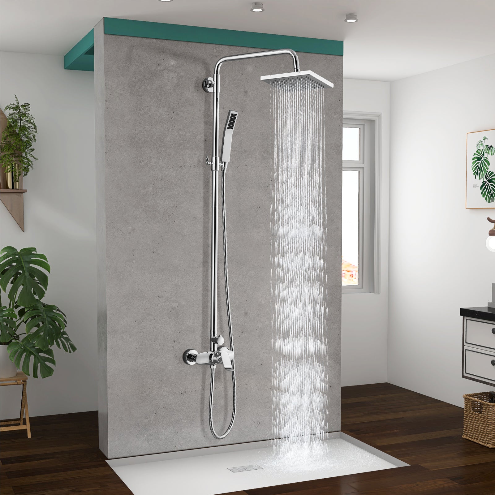 Exposed Shower System Dual Function Bathroom Shower Faucet 8 Inch Square Swivel Rainfall Shower Head with Handheld Adjustable Complete Set Wall Mount