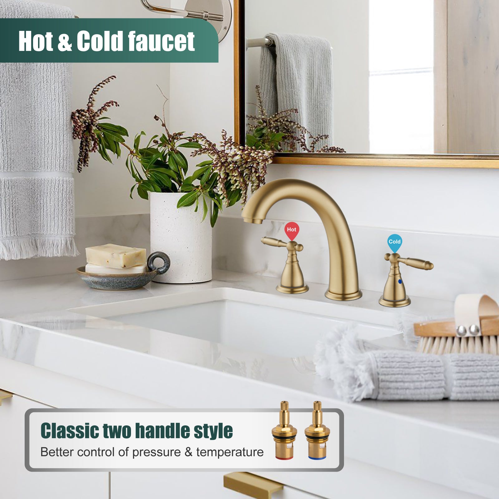 2 Handles SUS304 Stainless Steel 8-16 Inch Bathroom Basin Faucet with Pop Up Drain Deck Mount Divided Three Holes Toilet Sink Mixer Tap Simple Cabinet Grips Heyalan Mixer Faucet