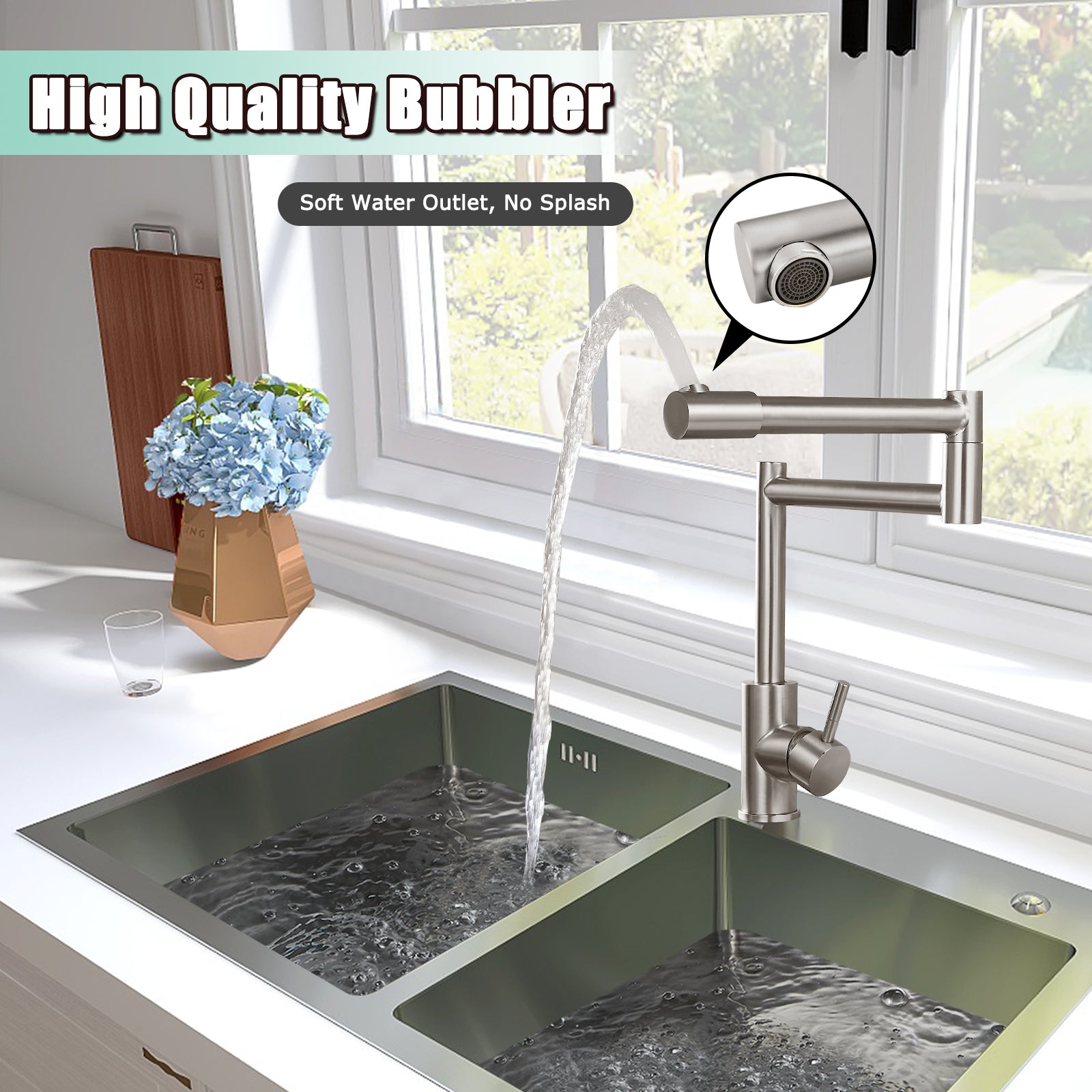 Heyalan  Pot Filler Faucet Deck Mounted Single Handle Double Joints Free Rotating Modern Deck Mounted Countertop Retractable Commercial Kitchen Sink Faucet Stainless Steel