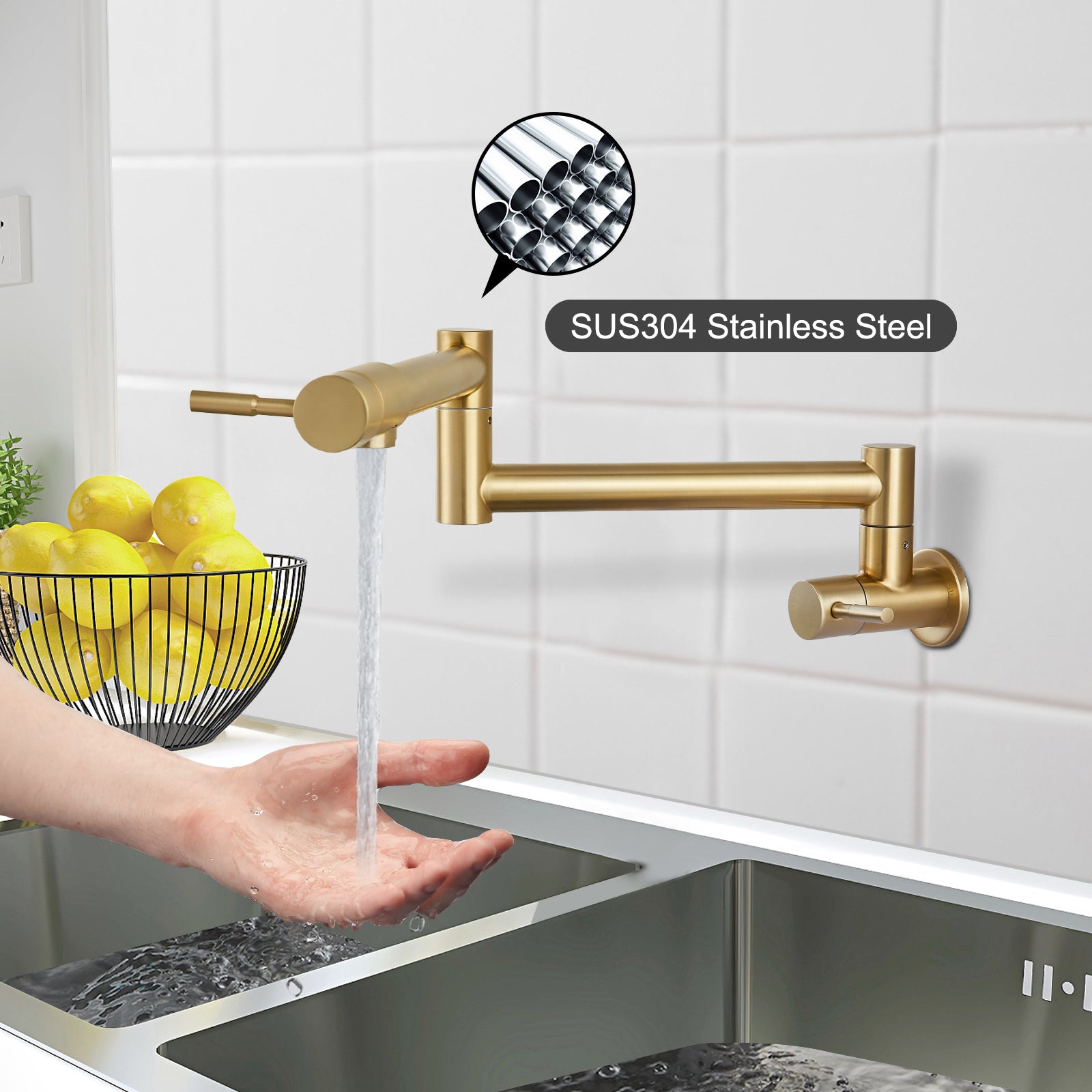 Heyalan Pot Filler 19 Inch Wall Mount Folding Stretchable Kitchen Restaurant Sink Faucet Stainless Steel Potfiller with Double Joint Swing Arm Single Hole Two Handles Commercial NPT