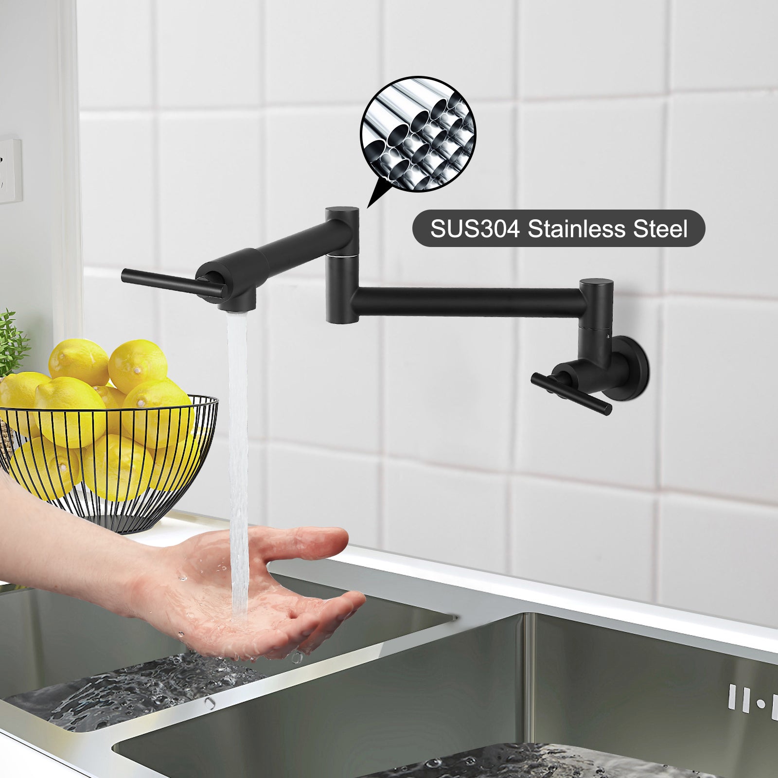 Heyalan 19" Stainless Steel SUS304 Pot Filler Faucet Wall Mounted Double Joint Swing Folding Arms with Two Handles Single Hole Commercial Kitchen Sink Faucet to Control Water Stovetop