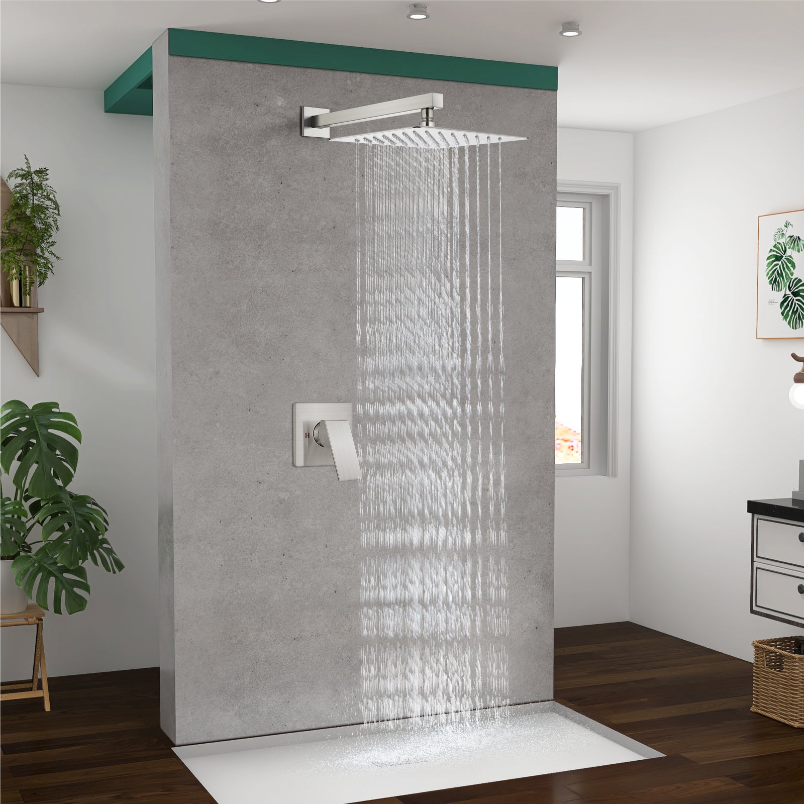 Heyalan Shower Trim Kit Wall Mounted 10 Inch Square SUS304 Rainfall Shower Head and One Handle System 1 Function Mixer Shower Faucet Set with Rough-in Valve Male Thread