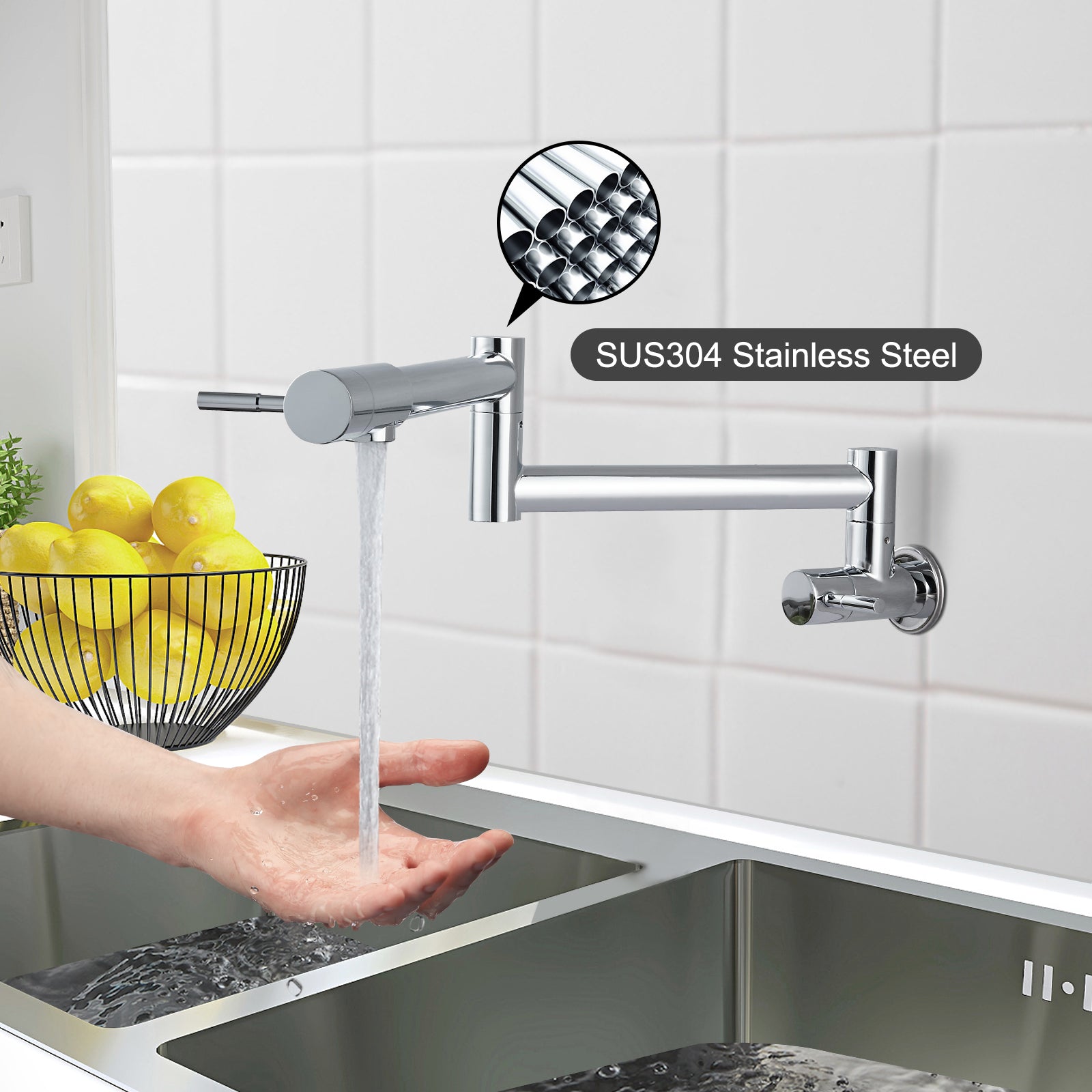 Heyalan Pot Filler 19 Inch Wall Mount Folding Stretchable Kitchen Restaurant Sink Faucet Stainless Steel Potfiller with Double Joint Swing Arm Single Hole Two Handles Commercial NPT