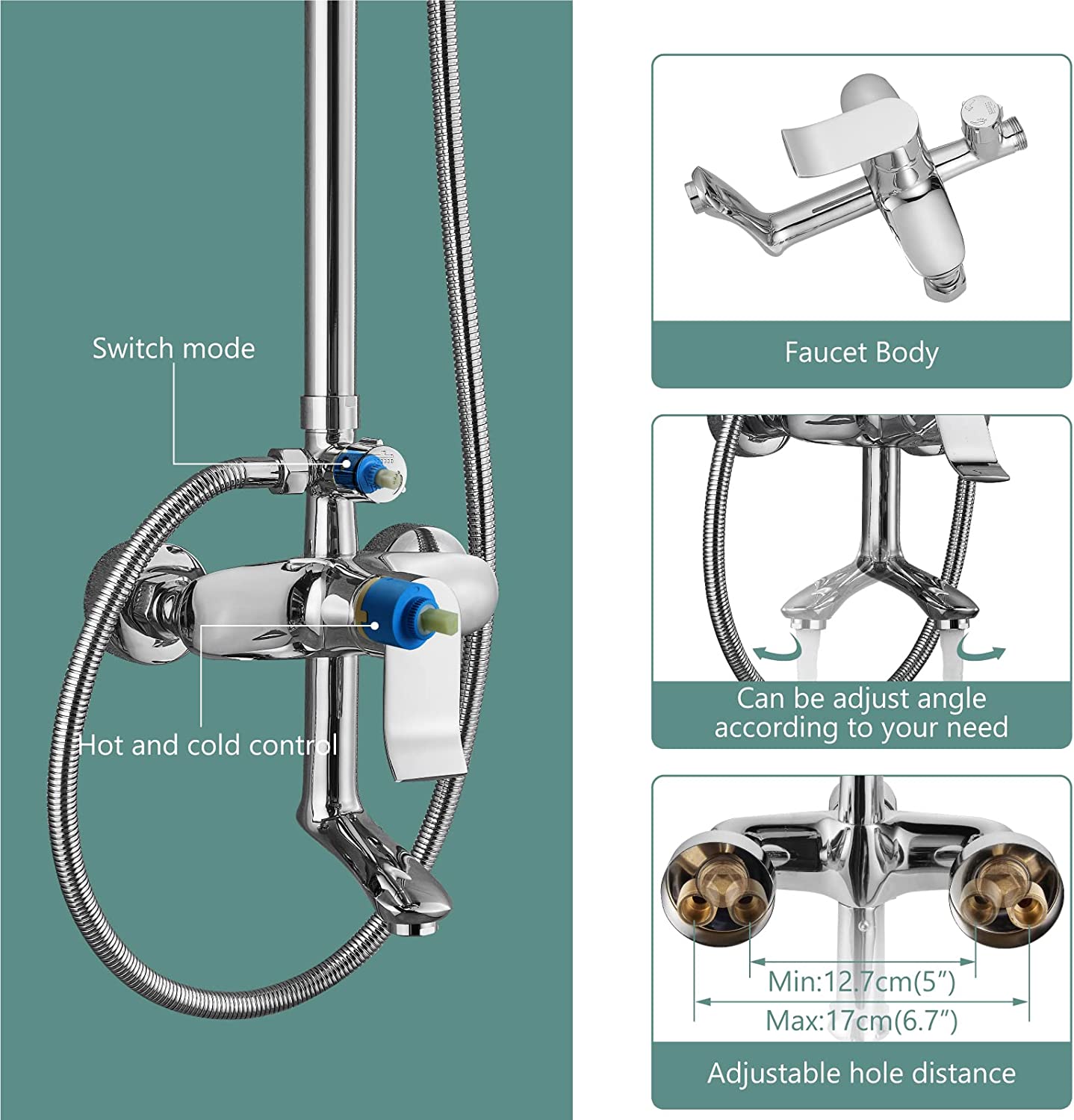 Exposed Shower System Polish Chrome 3 Functional Bathroom Shower Set 9 Inch Rainfall Shower Head with Handheld Sprayer Complete Set Adjustable Hand Spray Tub Spout Wall Mount