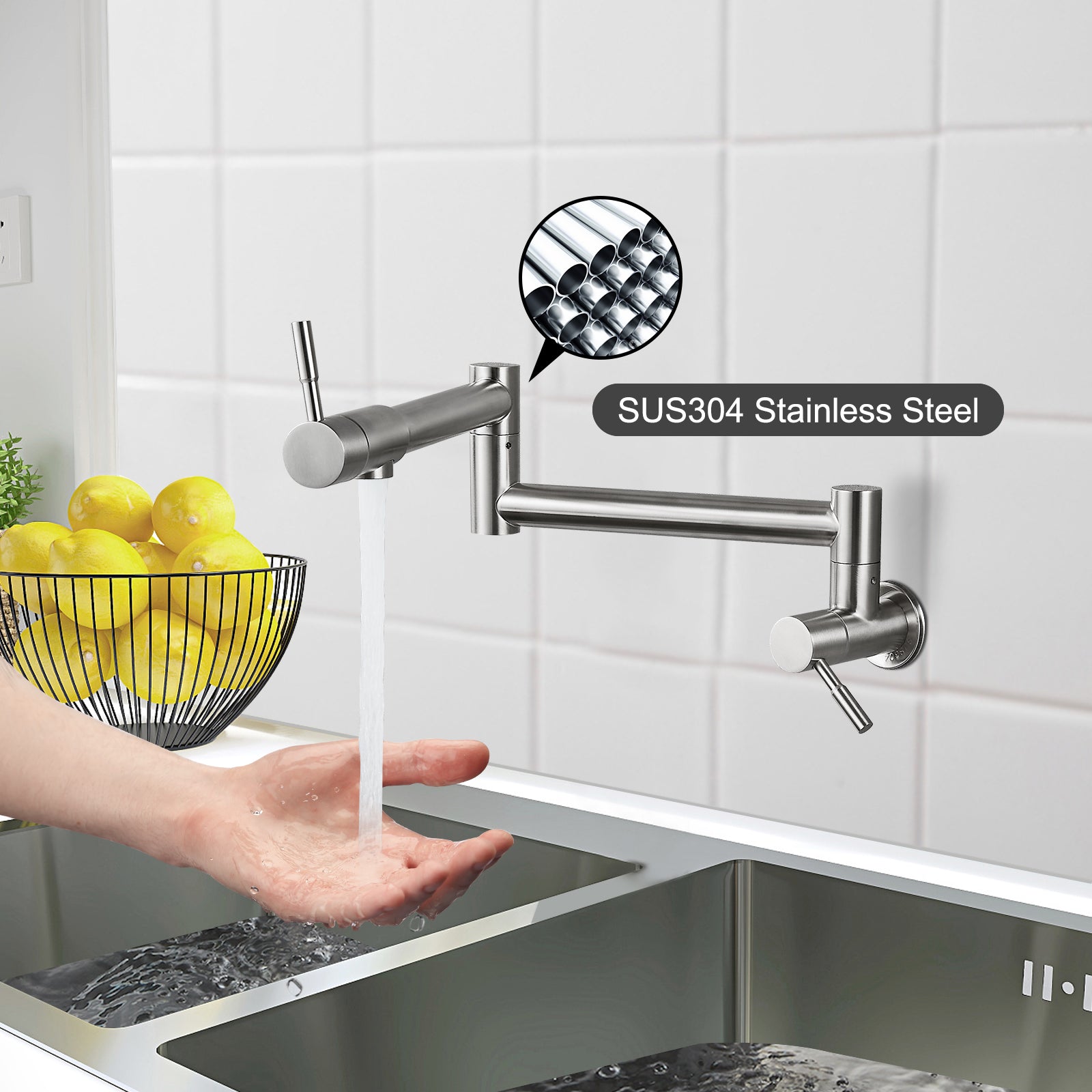 Heyalan Pot Filler 19 Inch Wall Mount Folding Stretchable Kitchen Restaurant Sink Faucet Stainless Steel Potfiller with Double Joint Swing Arm Single Hole Two Handles Commercial NPT