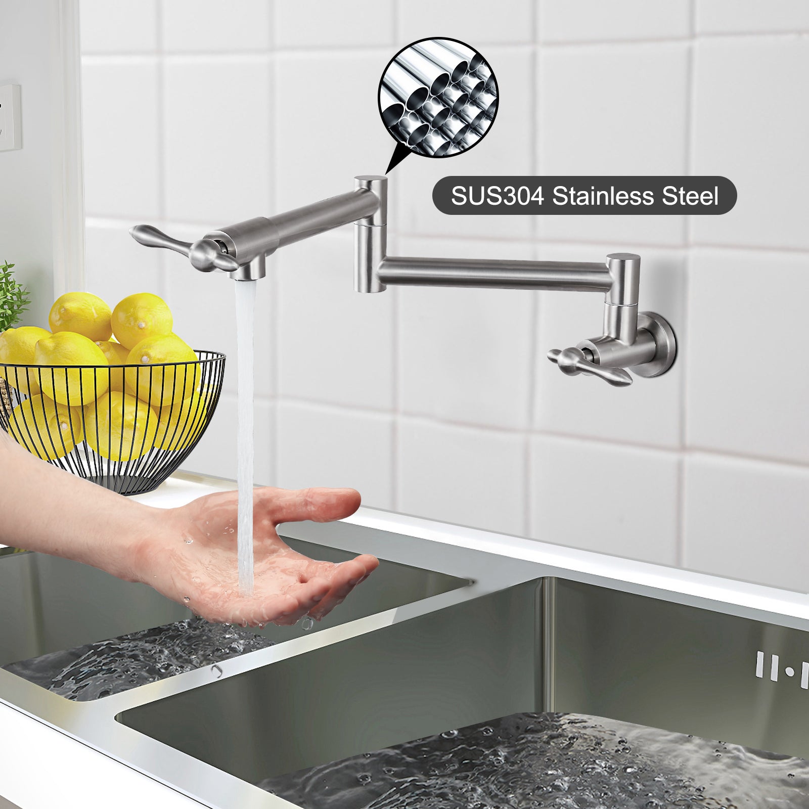 Heyalan Stainless Steel SUS304 19" Pot Filler Faucet Double Joint Spout Stretchable Swing Arm with Single Hole Two Handles Wall Mounted Commercial Kitchen Sink Faucet