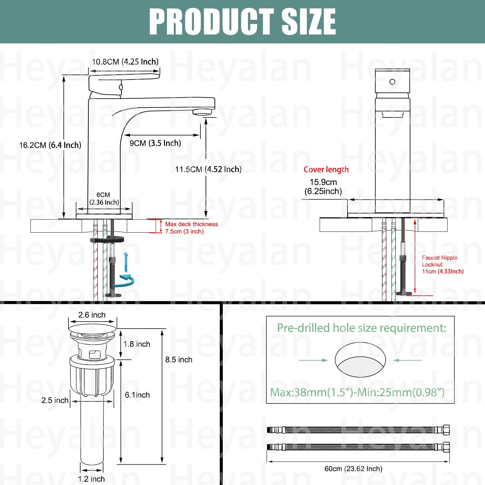 Heyalan Bathroom Faucet Single Handle Brass 1 Hole Basin Mixer Tap Deck Mount Lavatory Vanity Deck Plate Pop Up Drain Included