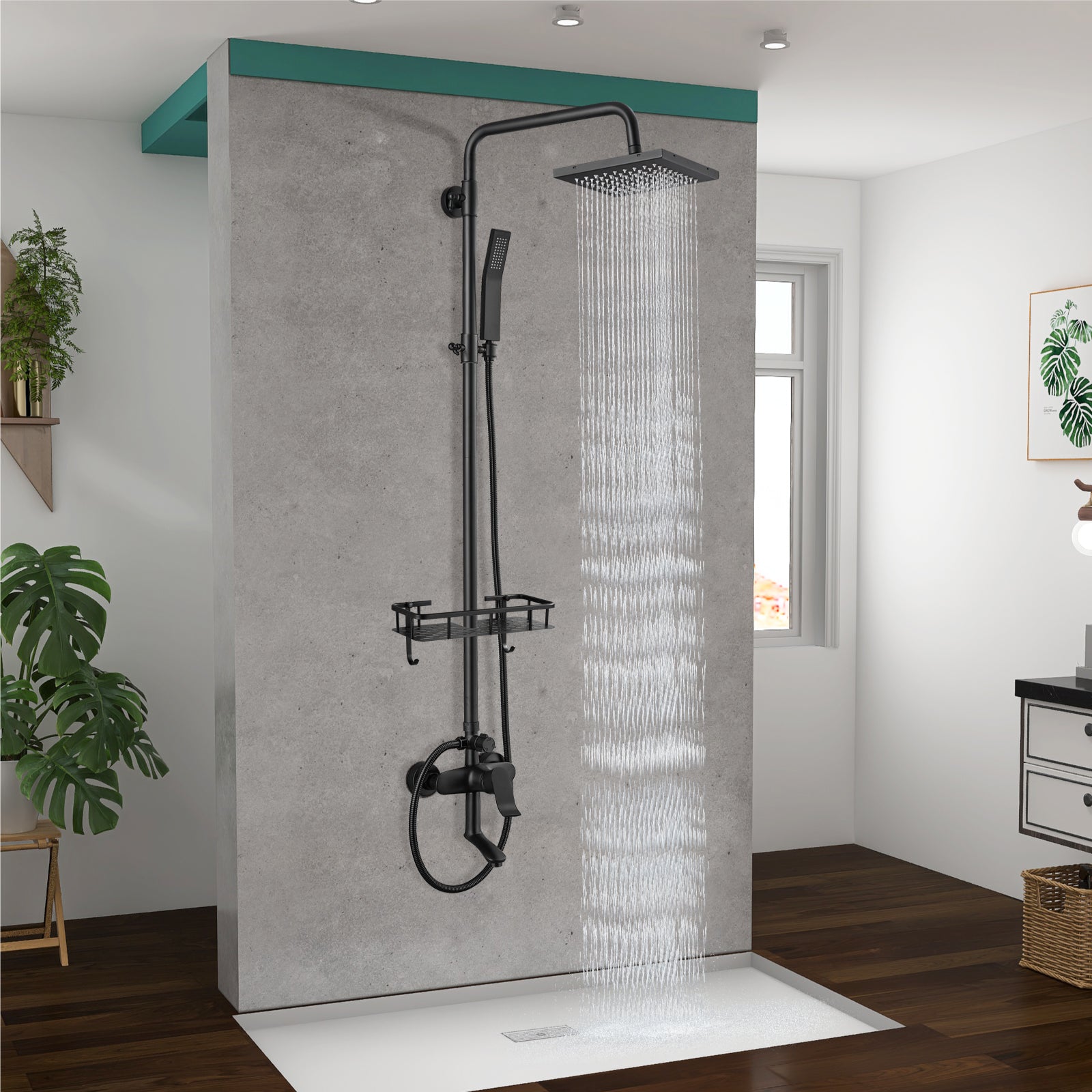 Heyalan Wall Mounted Exposed Shower System Triple Function Bathroom Shower Faucet 8” Square Swivel Rainfall Shower Head with Hand Held Sprayer Tub Spout Adjustable Complete Set with Shelf