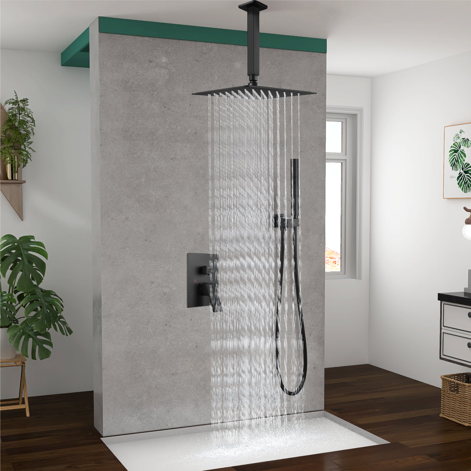 Heyalan Shower Faucet Set Ceiling Mount Square Showerhead Bathroom Rainfall Shower System SUS304 Stainless Steel Shower Trim Kit 2 in 1 Handheld shower with Rough-in Valve