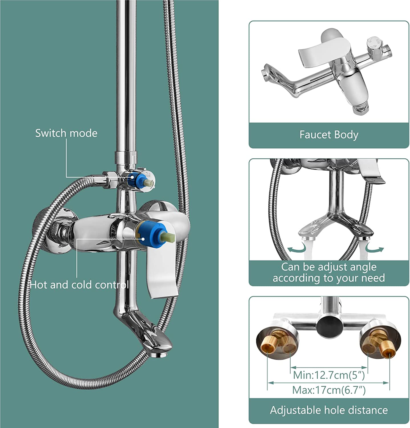 3 Functional Bathroom Shower Set 8 Inch Square Rainfall Shower Head with Wall Mounted