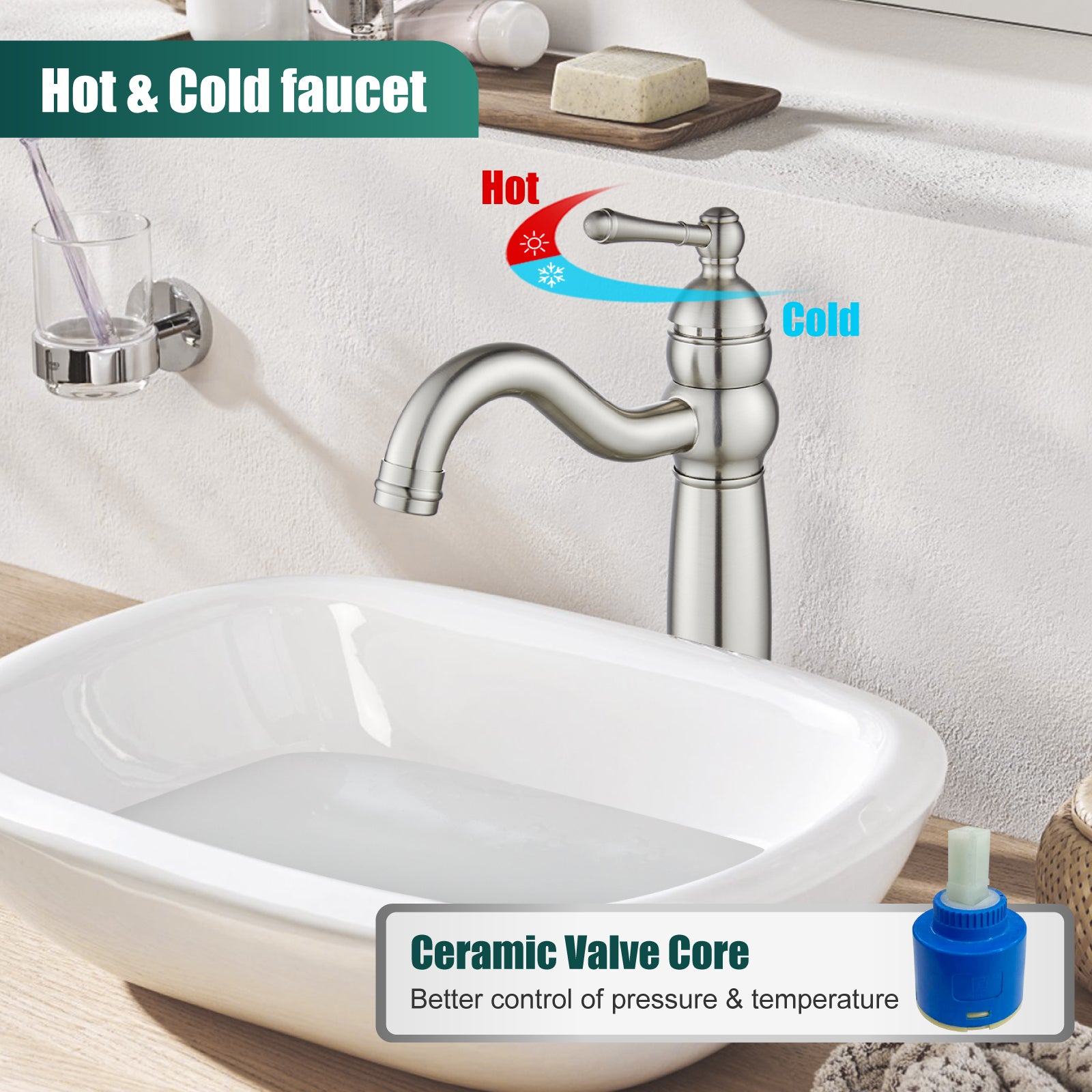 Heyalan Bathroom Vessel Sink Faucet Deck Mount Single Hole One Handle Vintage Lavatory Basin Spout Vanity Tall Mixer Tap Solid Brass Antique Assembly with Pop-up Drain