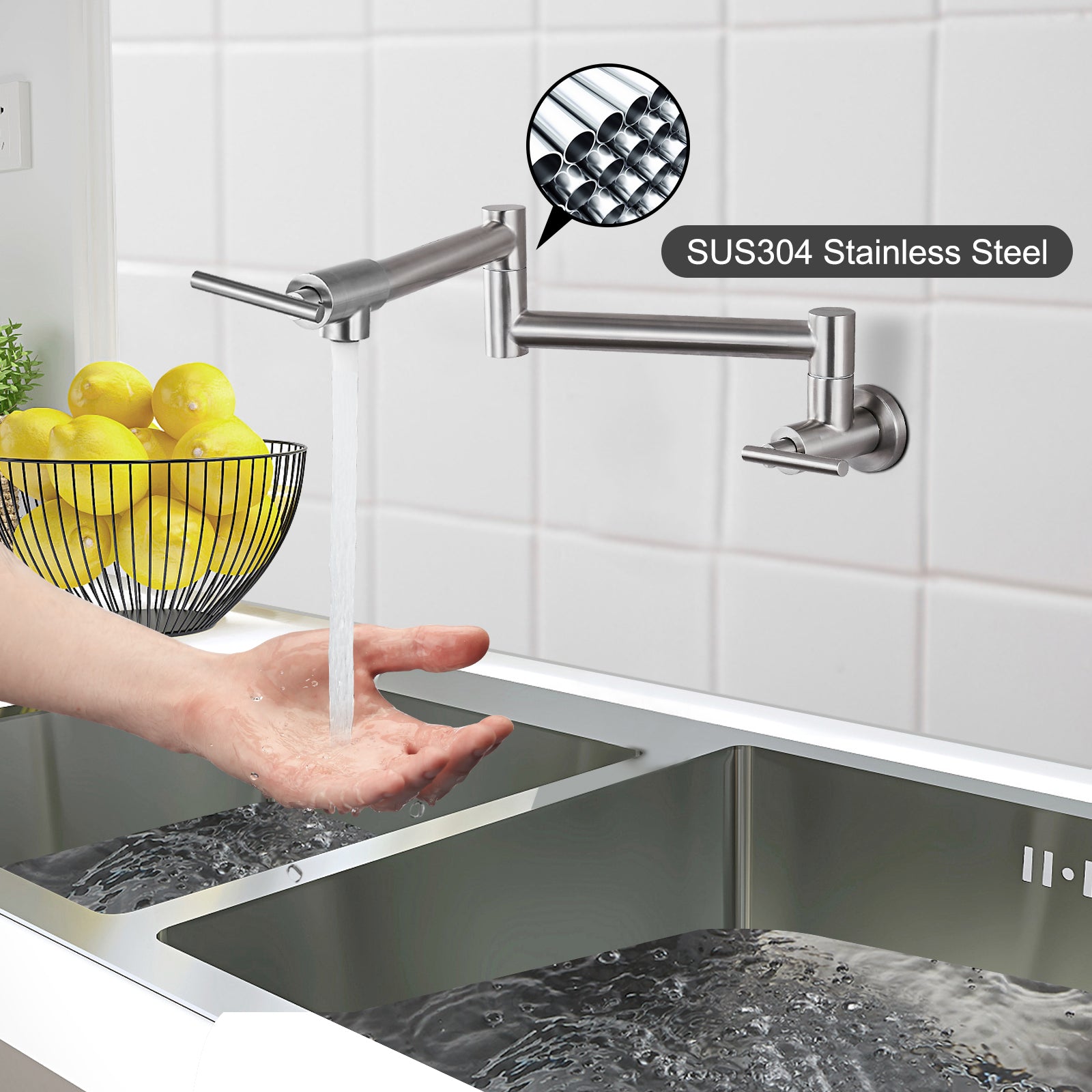 Heyalan 19" Stainless Steel SUS304 Pot Filler Faucet Wall Mounted Double Joint Swing Folding Arms with Two Handles Single Hole Commercial Kitchen Sink Faucet to Control Water Stovetop