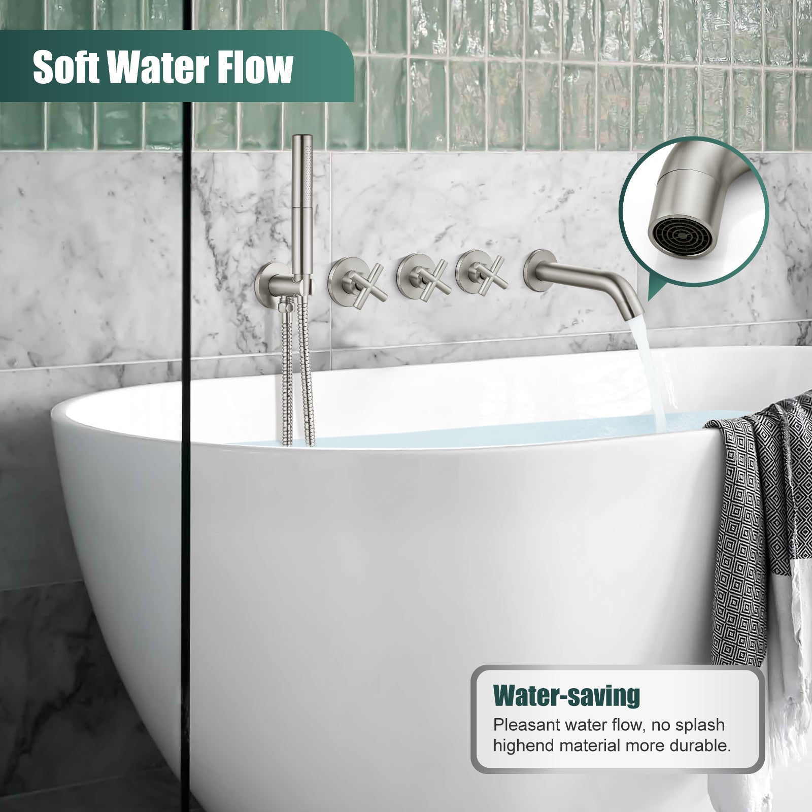 Heyalan Wall Mounted Bathroom Tub Filler Faucet with Handheld Shower Head High Flow Bathtub Spout with 3 Knobs Shower Trim kit Hand Held Sprayer 2 Function Roman Bath Fixtures