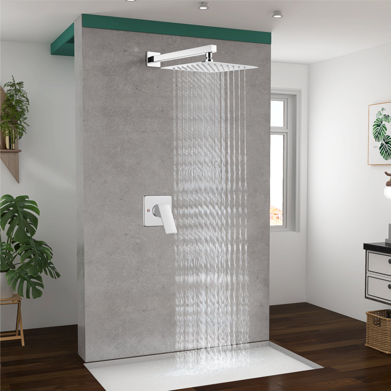 Heyalan Shower Trim Kit Wall Mounted 10 Inch Square SUS304 Rainfall Shower Head and One Handle System 1 Function Mixer Shower Faucet Set with Rough-in Valve Male Thread