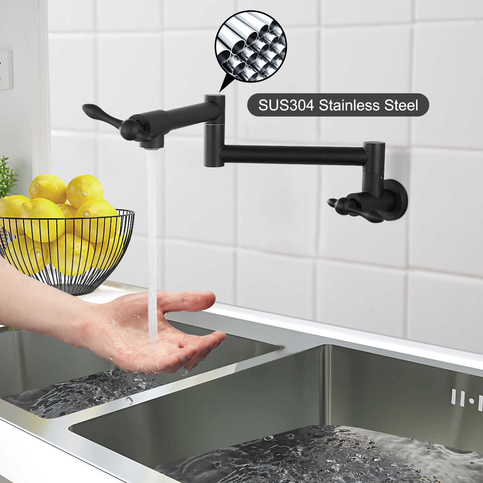 Heyalan Stainless Steel SUS304 19" Pot Filler Faucet Double Joint Spout Stretchable Swing Arm with Single Hole Two Handles Wall Mounted Commercial Kitchen Sink Faucet