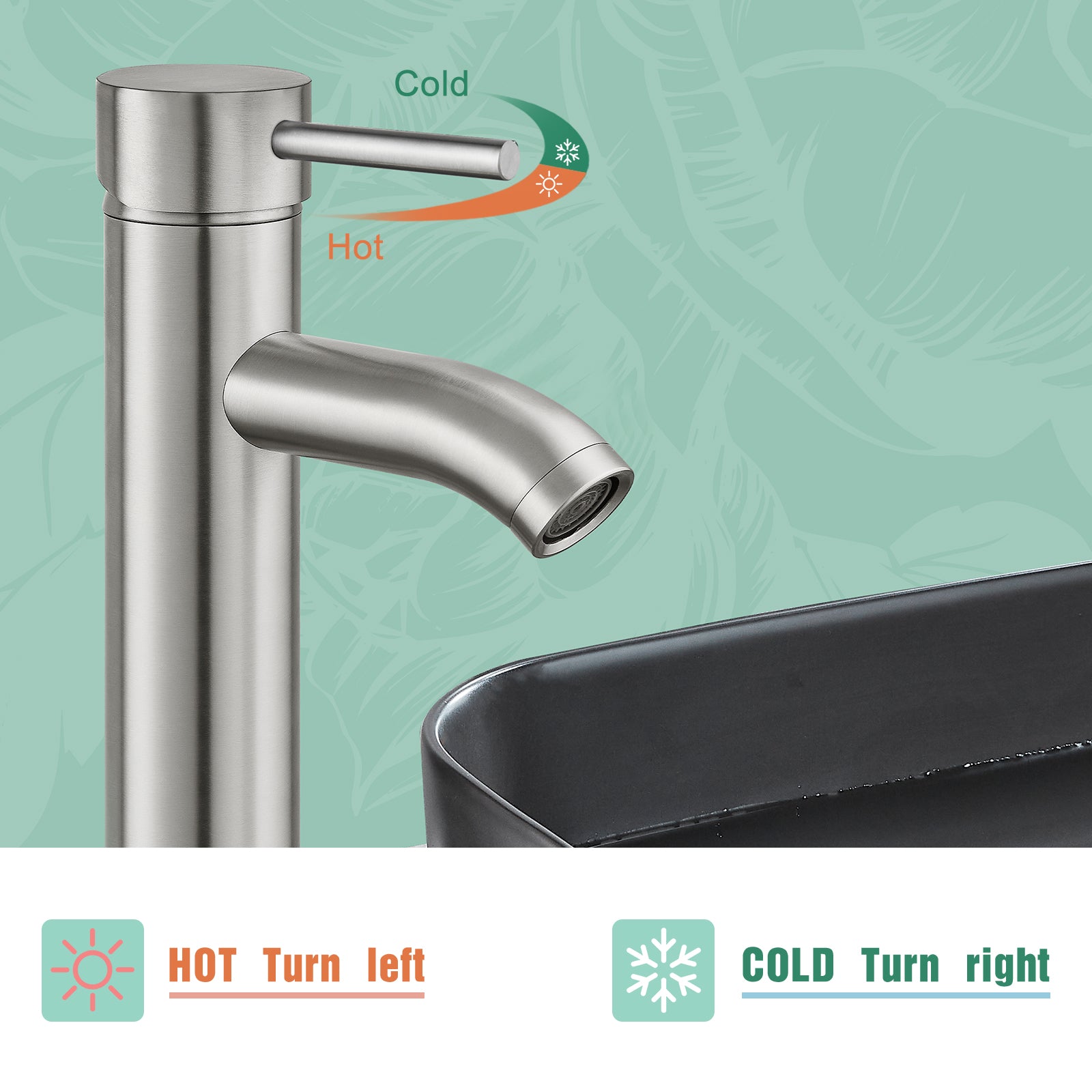 Heyalan Bathroom Faucet Vessel Sink Deck Mount SUS304 Stainless Steel Bowl Basin One Hole Single Handle Tall Spout Mixer Tap with Pop Up Drain