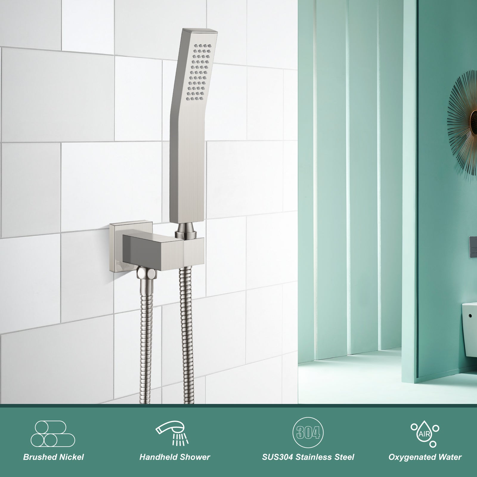 Heyalan Shower Wand SUS304 Stainless Steel Handheld Single Function Handheld Shower High Pressure Luxury Hand Shower Set High Flow Rectangle Curved Hand Shower Spray with Holder