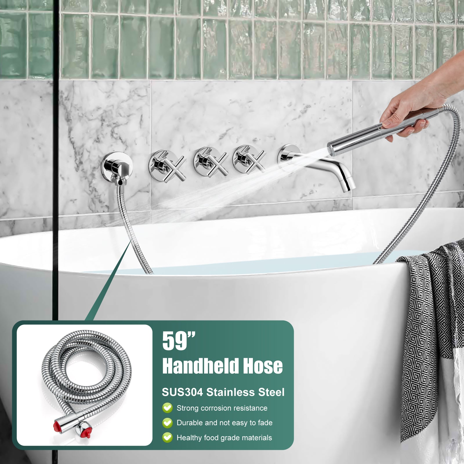 Heyalan Wall Mounted Bathroom Tub Filler Faucet with Handheld Shower Head High Flow Bathtub Spout with 3 Knobs Shower Trim kit Hand Held Sprayer 2 Function Roman Bath Fixtures