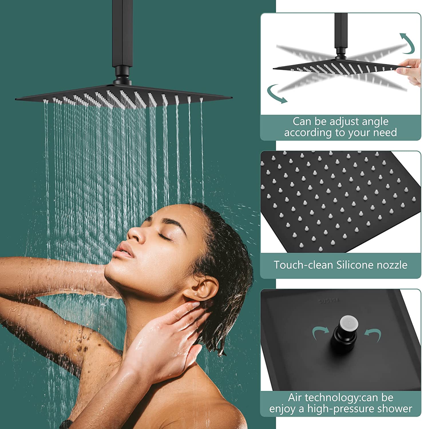 Heyalan Shower Trim Kit Ceiling Mount 10” Square SUS304 Bathroom Rainfall Shower Head and One Handle System 1 Function Mixer Shower Faucet Set with Rough-in Valve Male Thread