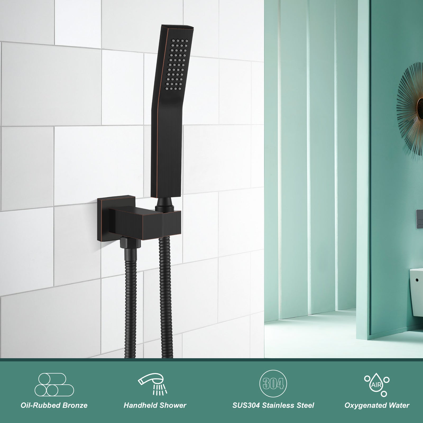 Heyalan Shower Wand SUS304 Stainless Steel Handheld Single Function Handheld Shower High Pressure Luxury Hand Shower Set High Flow Rectangle Curved Hand Shower Spray with Holder