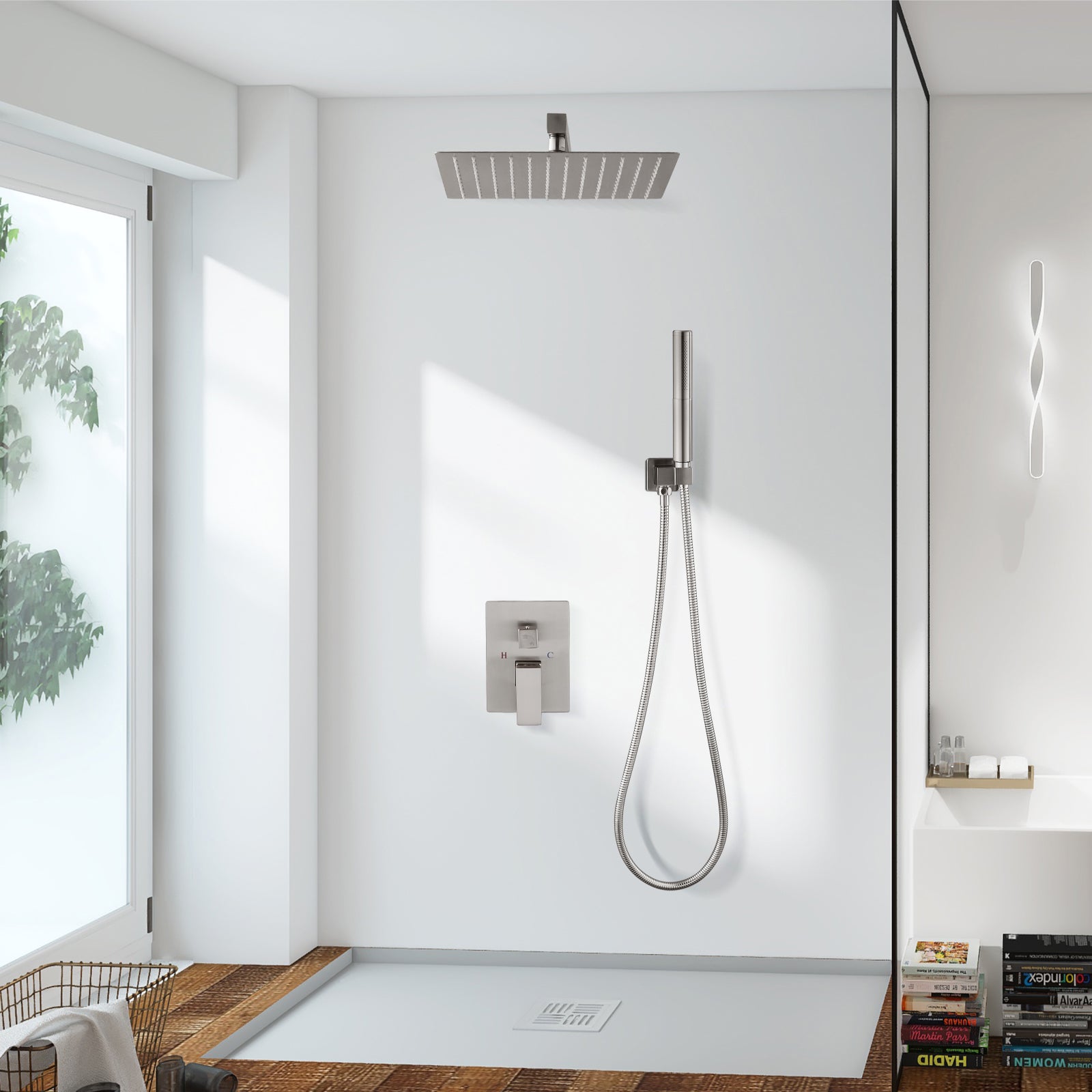 Heyalan Shower System Square Rain Shower System Head Shower Faucet Fixture 2 in 1 Handheld Shower Sprayer Rough in Valve Wall Mount Bathroom Rainfall Combo Set High Pressure