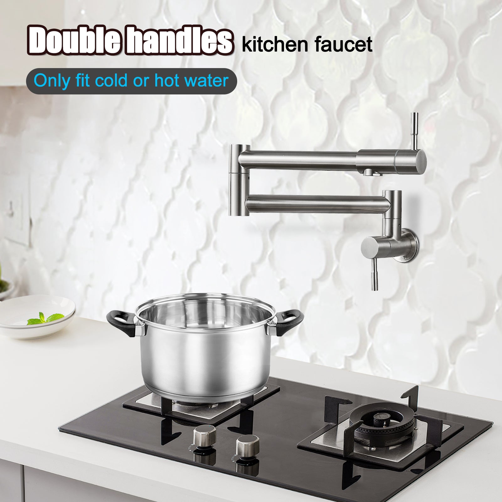 Heyalan Pot Filler 19 Inch Wall Mount Folding Stretchable Kitchen Restaurant Sink Faucet Stainless Steel Potfiller with Double Joint Swing Arm Single Hole Two Handles Commercial NPT